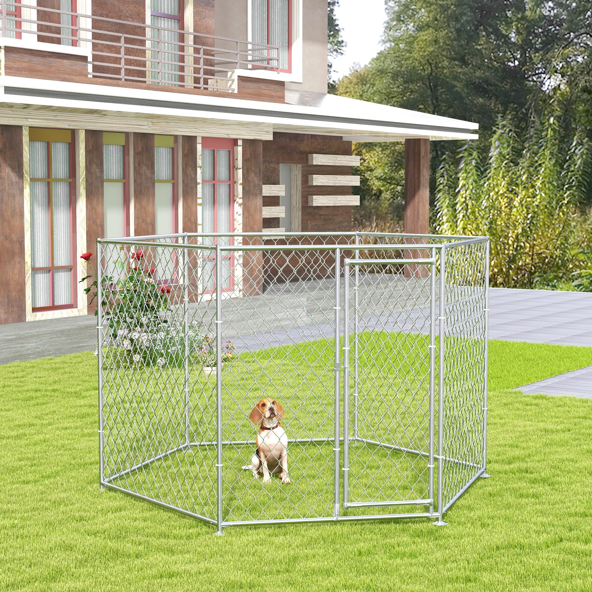 PawHut 9.2' x 8' x 5.6' Dog Kennel Outside, Heavy Duty Chain Link Dog Run Playpen Fence with Lockable Door, for Medium and Large-Sized Puppy, Silver