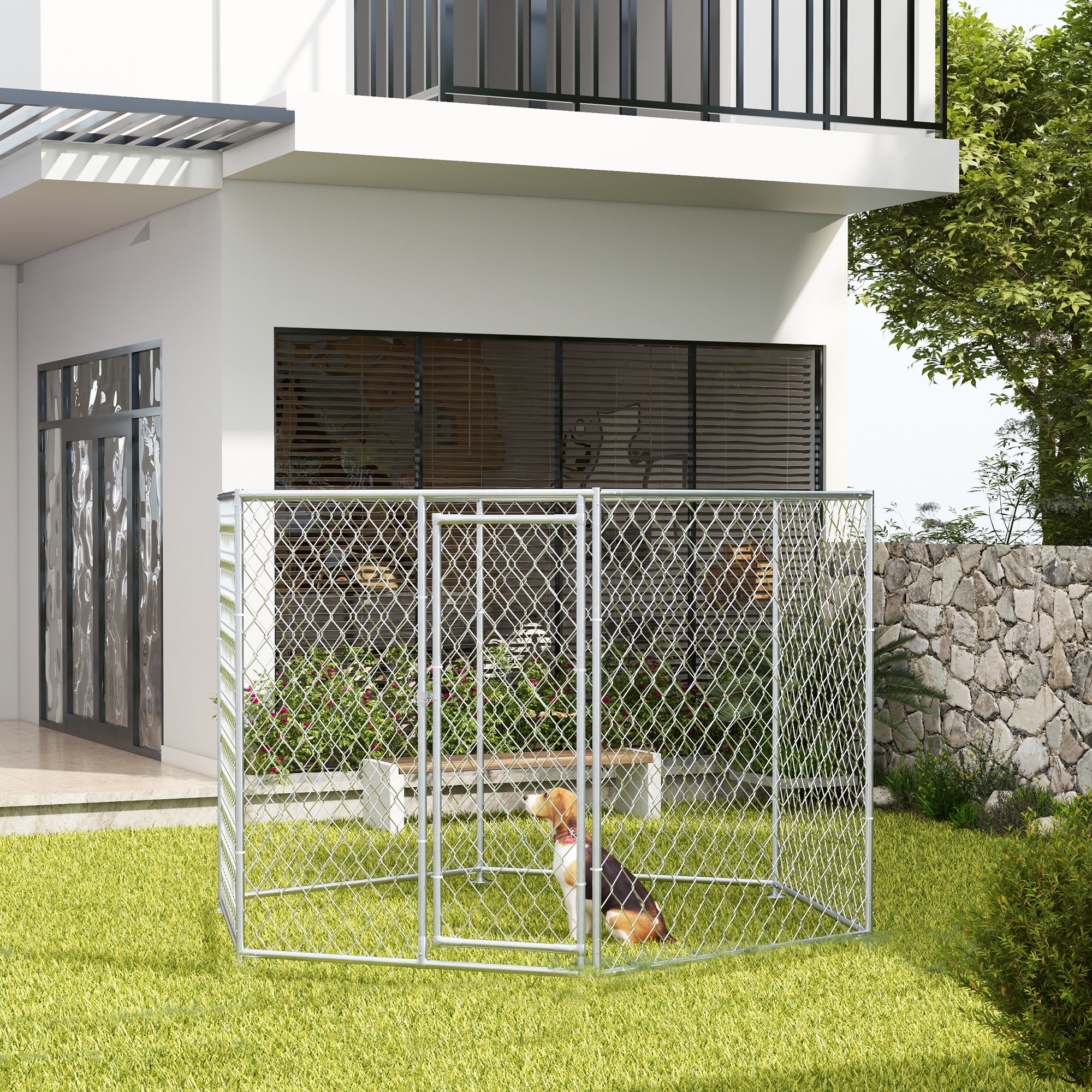 PawHut 9.2' x 8' x 5.6' Dog Kennel Outside, Heavy Duty Chain Link Dog Run Playpen Fence with Lockable Door, for Medium and Large-Sized Puppy, Silver