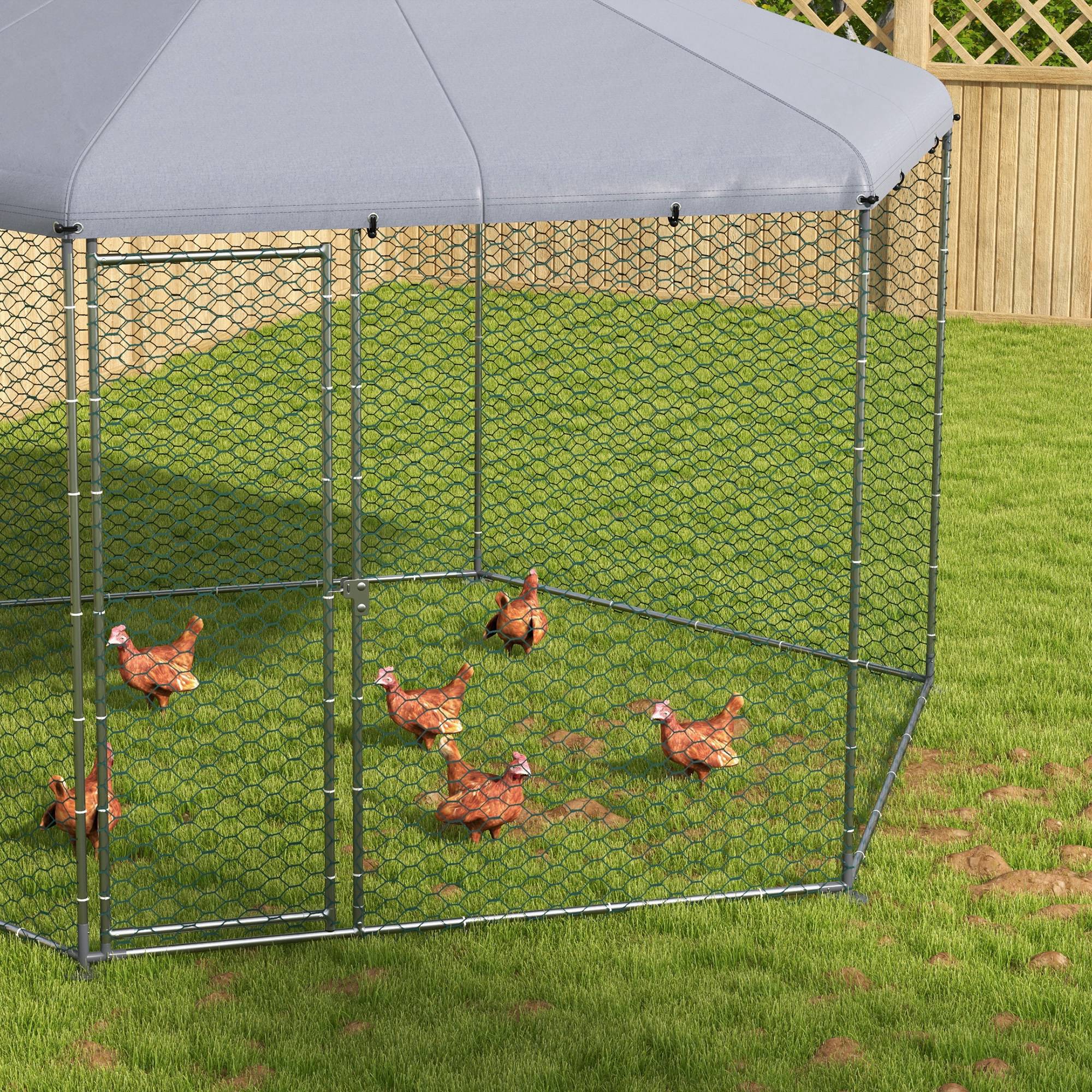 PawHut 13.1' x 11.4' Chicken Coop, Large Chicken Run with Cover for Outdoor Backyard, Metal Poultry Cage for 10-15 Chickens, Rabbits, Ducks, Silver