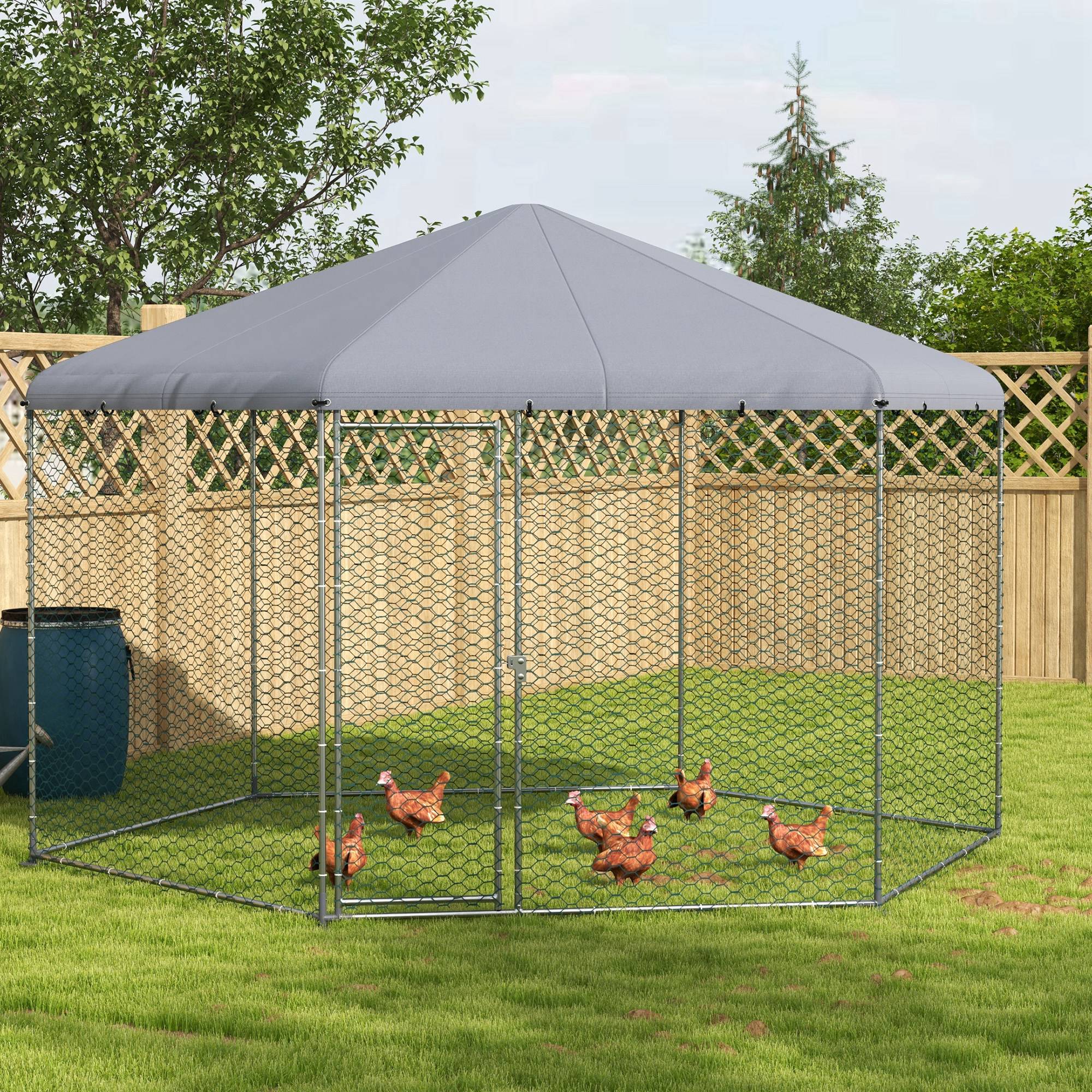 PawHut Walk in Chicken Run Chicken Coop Galvanised Outdoor Poultry Cage w/ Cover, for 10-15 Chickens, Hens, Rabbits, Ducks, 4 x 3.5 x 2.6m - Silver Tone