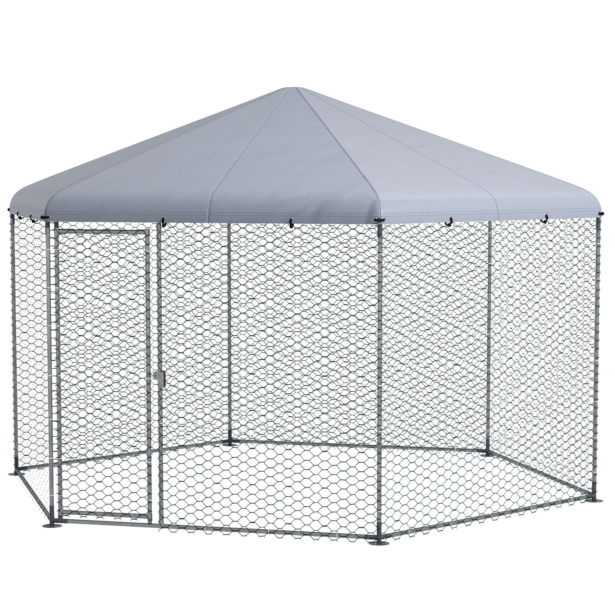 PawHut Walk in Chicken Run Chicken Coop Galvanised Outdoor Poultry Cage w/ Cover, for 10-15 Chickens, Hens, Rabbits, Ducks, 4 x 3.5 x 2.6m - Silver Tone