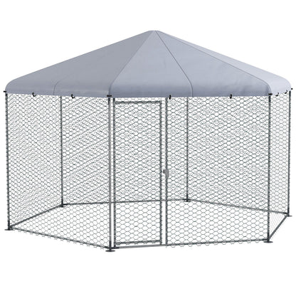 PawHut Walk in Chicken Run Chicken Coop Galvanised Outdoor Poultry Cage w/ Cover, for 10-15 Chickens, Hens, Rabbits, Ducks, 4 x 3.5 x 2.6m - Silver Tone
