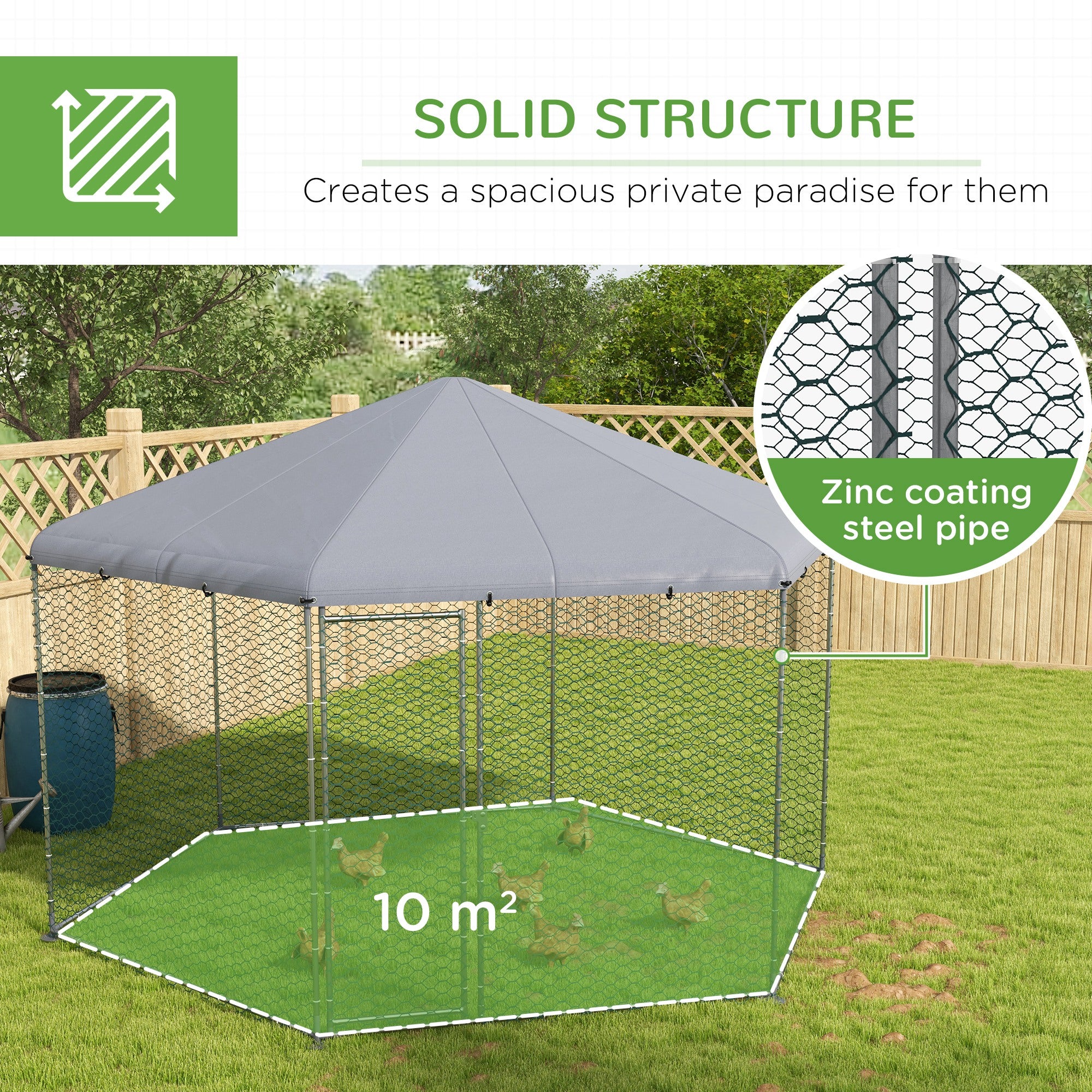 PawHut Walk in Chicken Run Chicken Coop Galvanised Outdoor Poultry Cage w/ Cover, for 10-15 Chickens, Hens, Rabbits, Ducks, 4 x 3.5 x 2.6m - Silver Tone