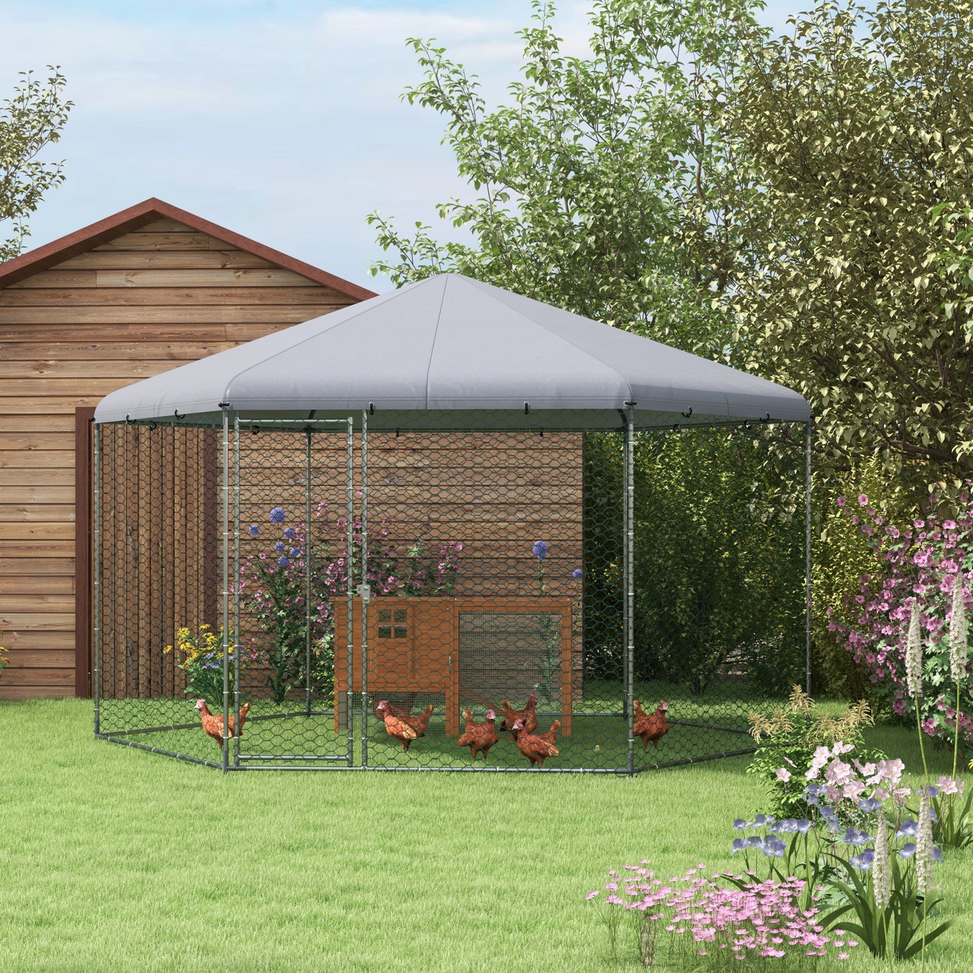 PawHut Walk in Chicken Run Chicken Coop Galvanised Outdoor Poultry Cage w/ Cover, for 10-15 Chickens, Hens, Rabbits, Ducks, 4 x 3.5 x 2.6m - Silver Tone