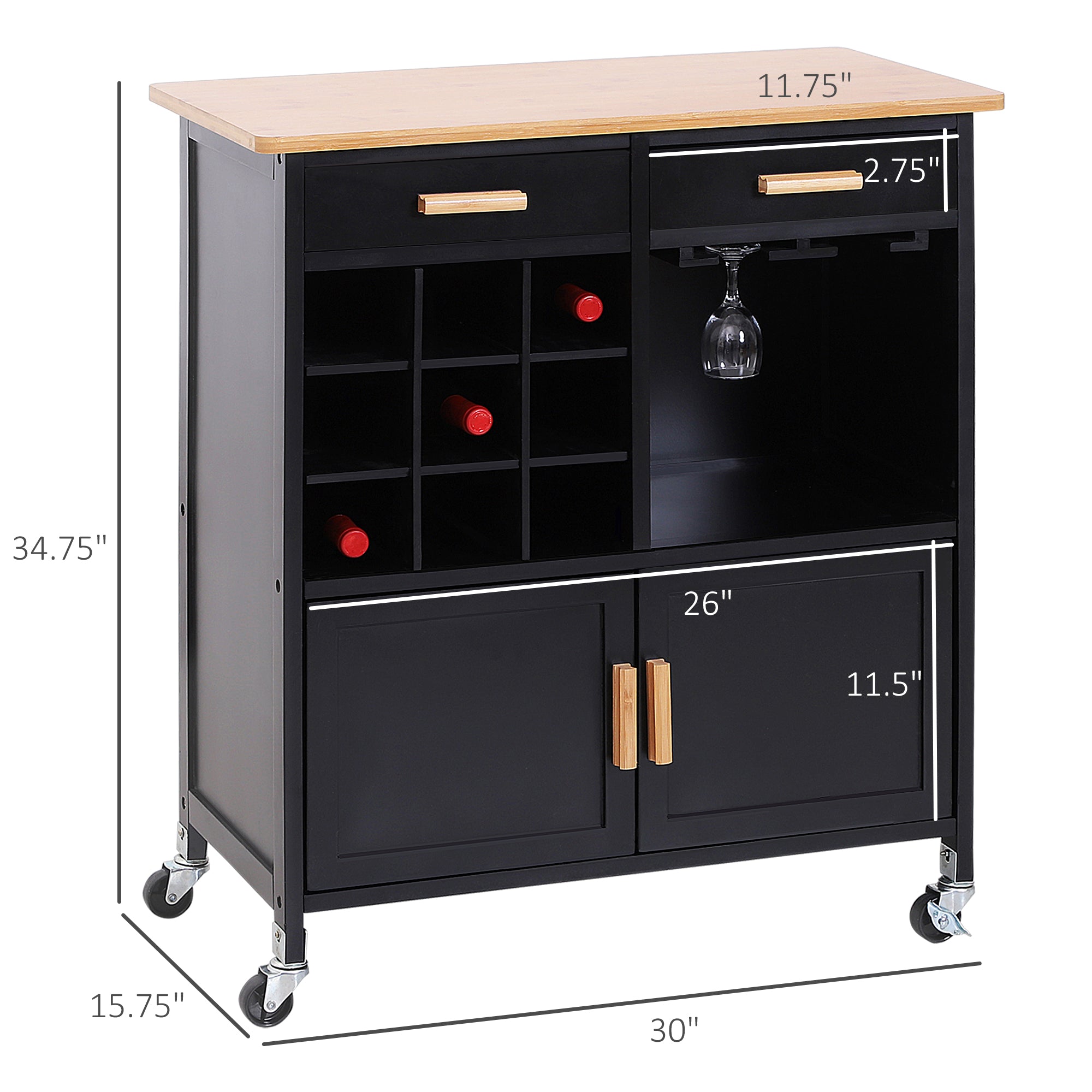 HOMCOM Portable Kitchen Trolley with Bamboo Top Storage Cabinet and Wine Rack (Black )