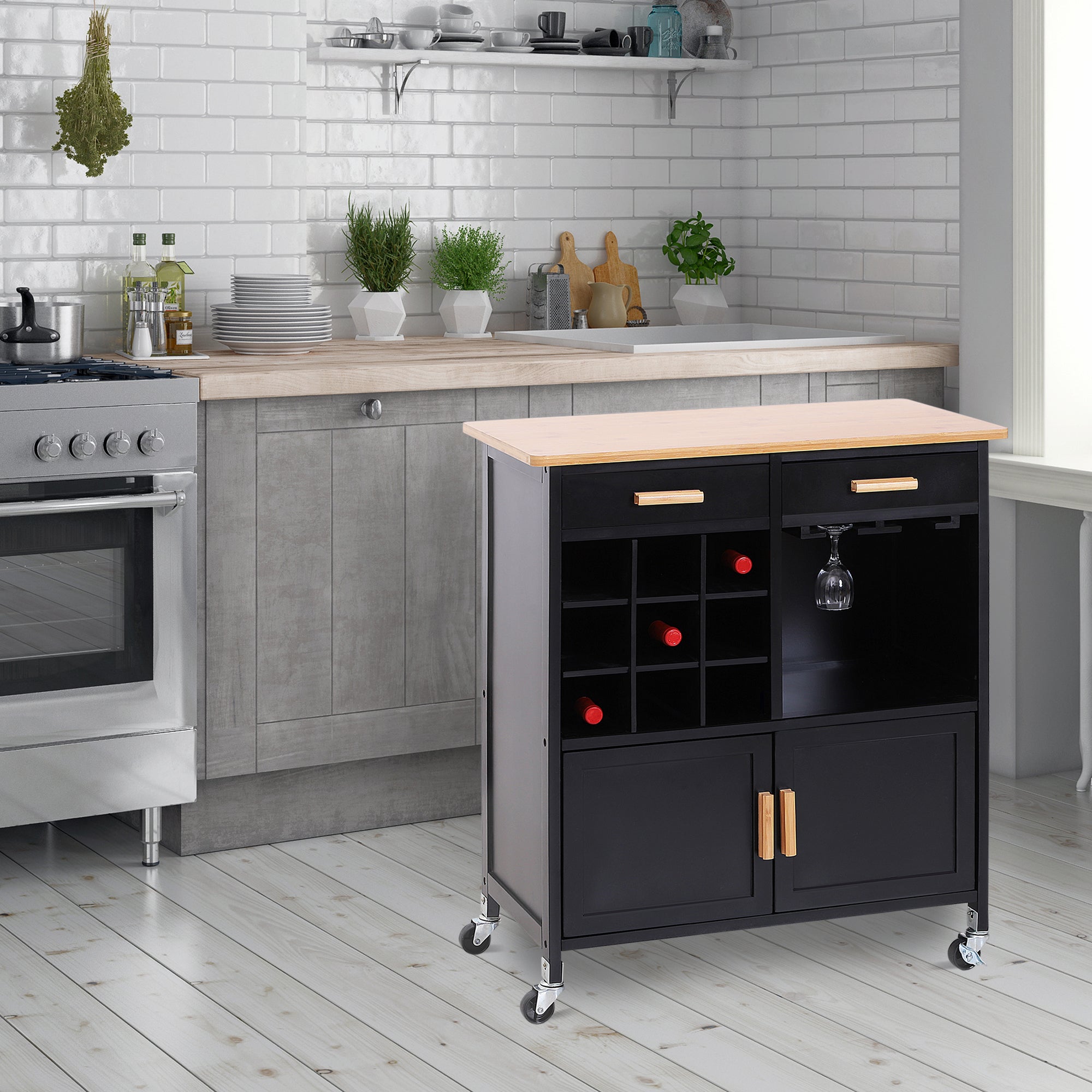 HOMCOM Portable Kitchen Trolley with Bamboo Top Storage Cabinet and Wine Rack (Black )