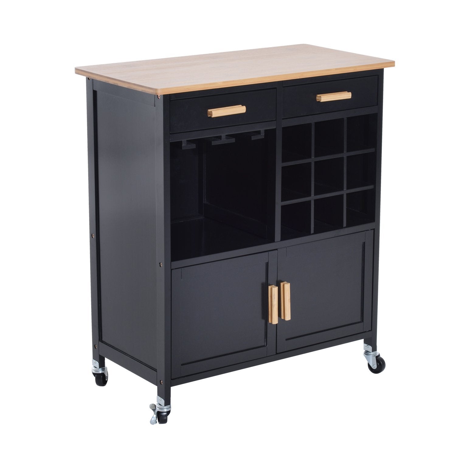 HOMCOM Portable Kitchen Trolley with Bamboo Top Storage Cabinet and Wine Rack (Black )