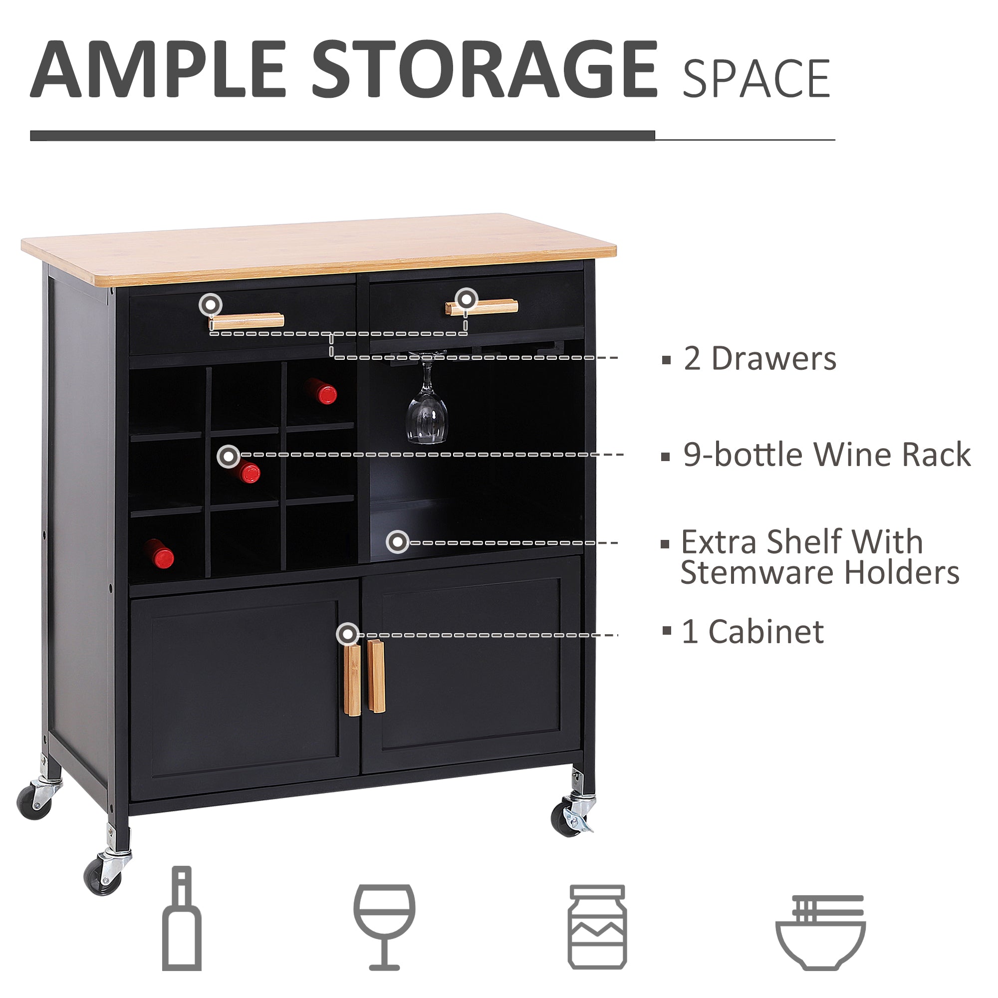 HOMCOM Portable Kitchen Trolley with Bamboo Top Storage Cabinet and Wine Rack (Black )