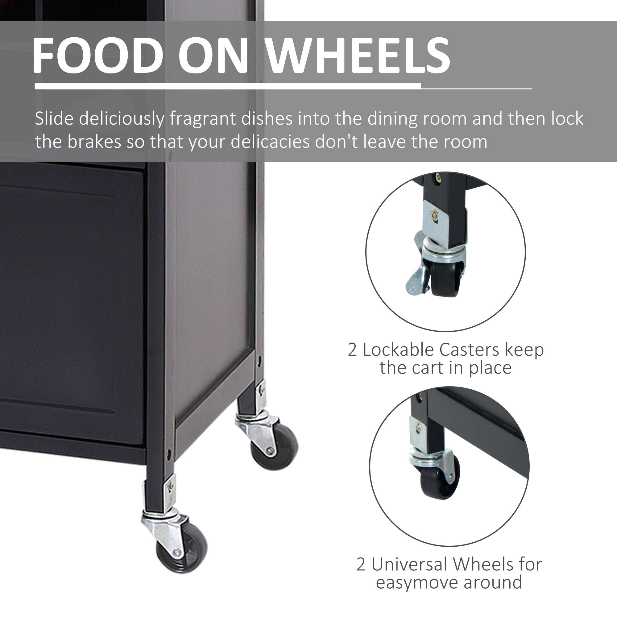 HOMCOM Portable Kitchen Trolley with Bamboo Top Storage Cabinet and Wine Rack (Black )