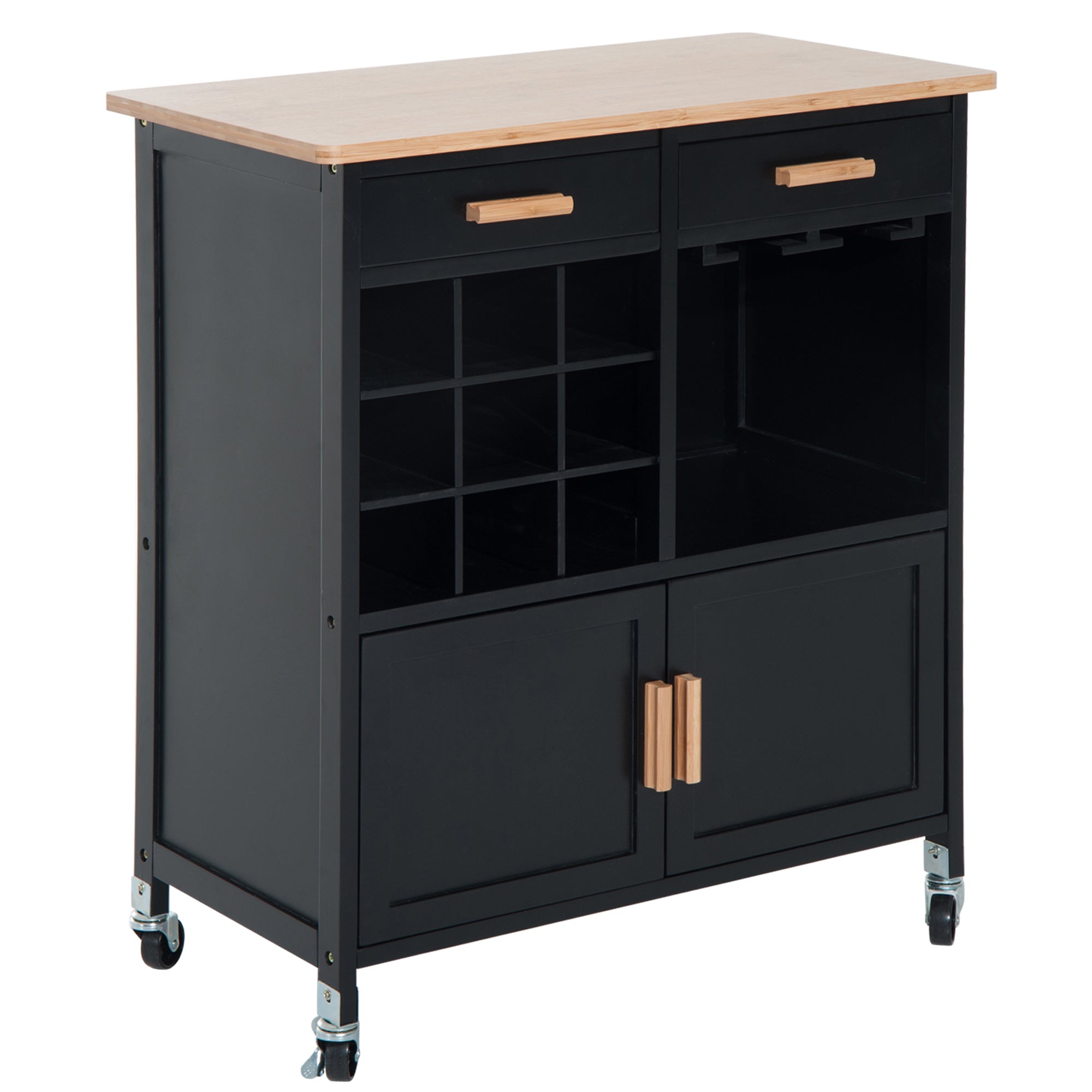 HOMCOM Portable Kitchen Trolley with Bamboo Top Storage Cabinet and Wine Rack (Black )