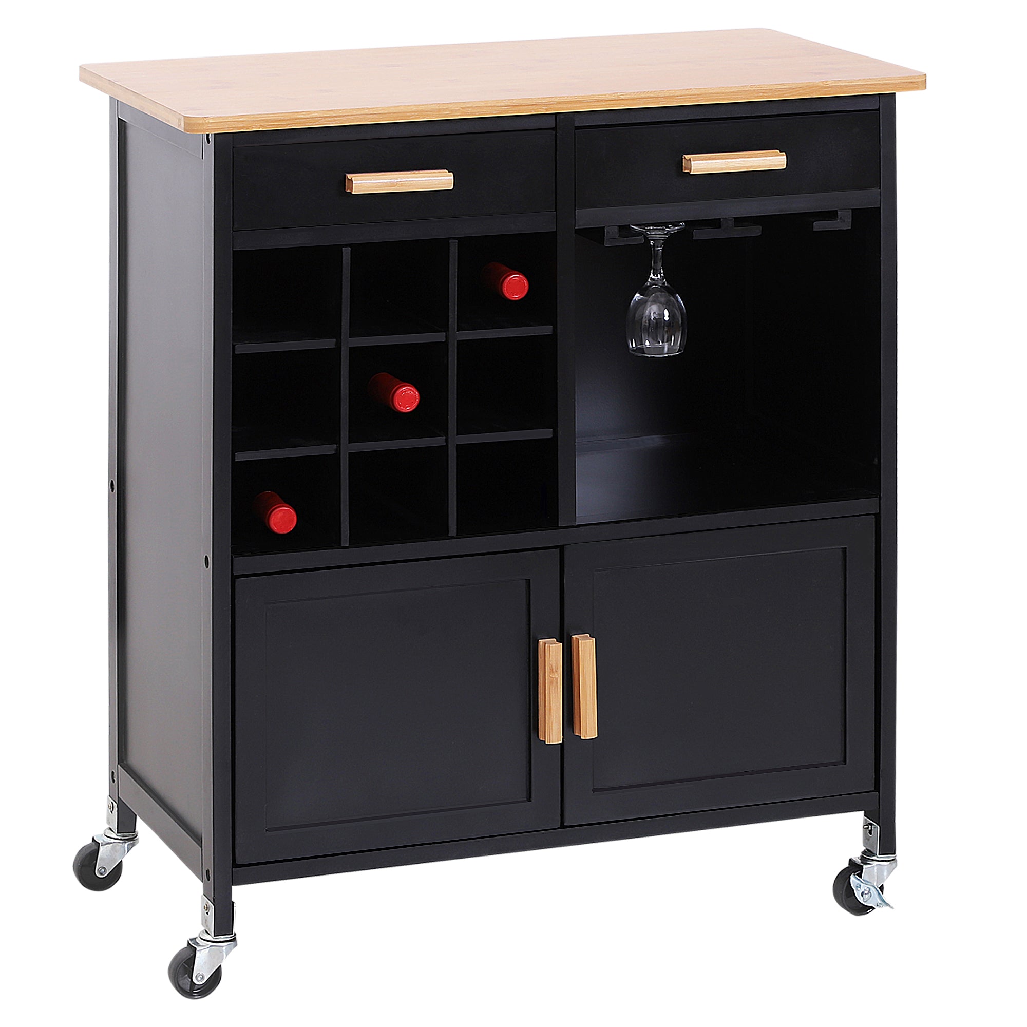 HOMCOM Portable Kitchen Trolley with Bamboo Top Storage Cabinet and Wine Rack (Black )