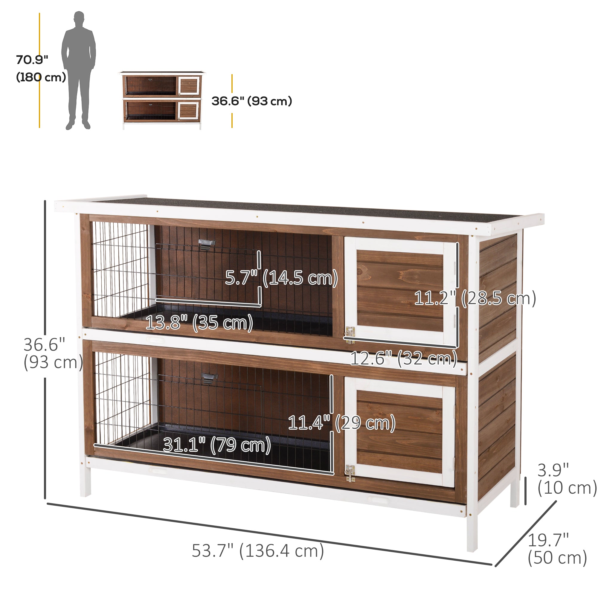 PawHut 54"L 2-Story Large Rabbit Hutch Bunny Cage Wooden Pet House Small Animal Habitat with Lockable Doors, No Leak Tray and Waterproof Roof for Outdoor/Indoor Brown