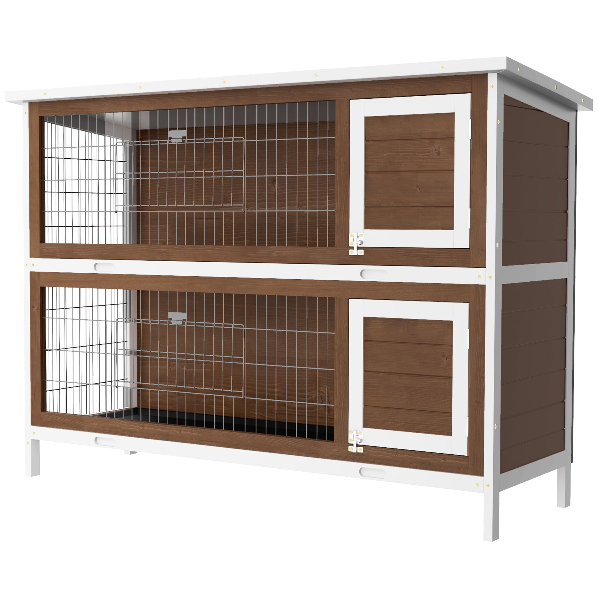 PawHut 54"L 2-Story Large Rabbit Hutch Bunny Cage Wooden Pet House Small Animal Habitat with Lockable Doors, No Leak Tray and Waterproof Roof for Outdoor/Indoor Brown