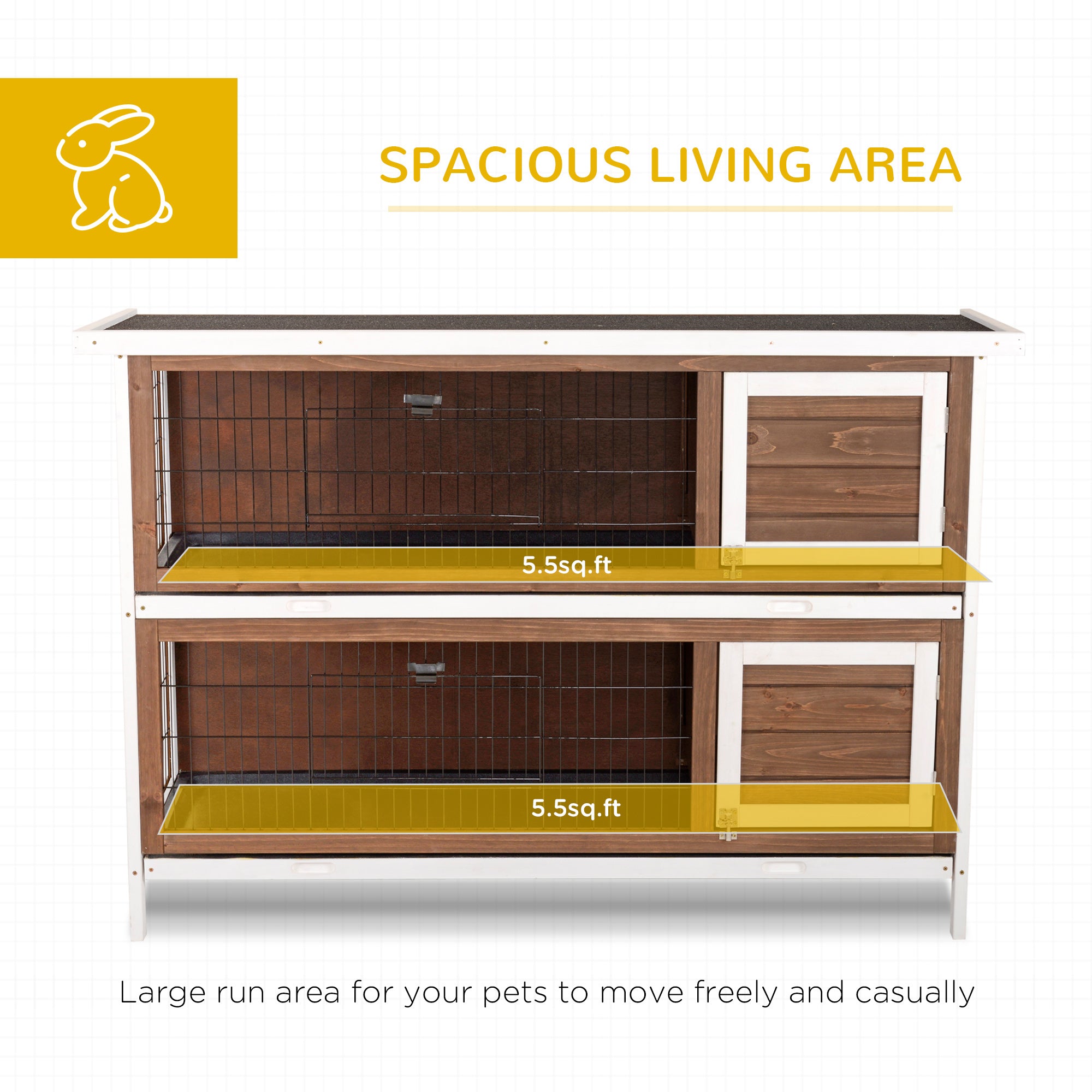 PawHut 54"L 2-Story Large Rabbit Hutch Bunny Cage Wooden Pet House Small Animal Habitat with Lockable Doors, No Leak Tray and Waterproof Roof for Outdoor/Indoor Brown
