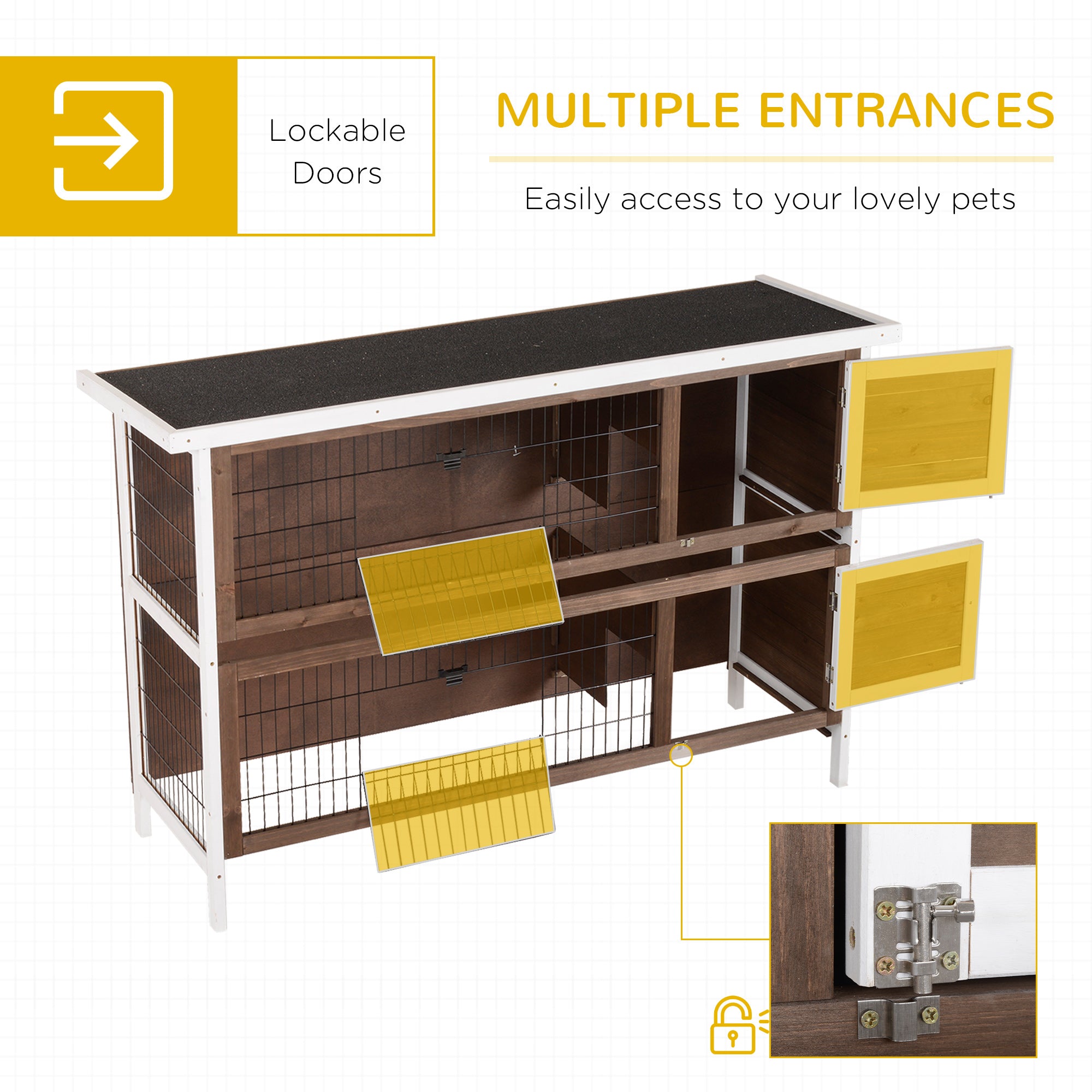 PawHut 54"L 2-Story Large Rabbit Hutch Bunny Cage Wooden Pet House Small Animal Habitat with Lockable Doors, No Leak Tray and Waterproof Roof for Outdoor/Indoor Brown