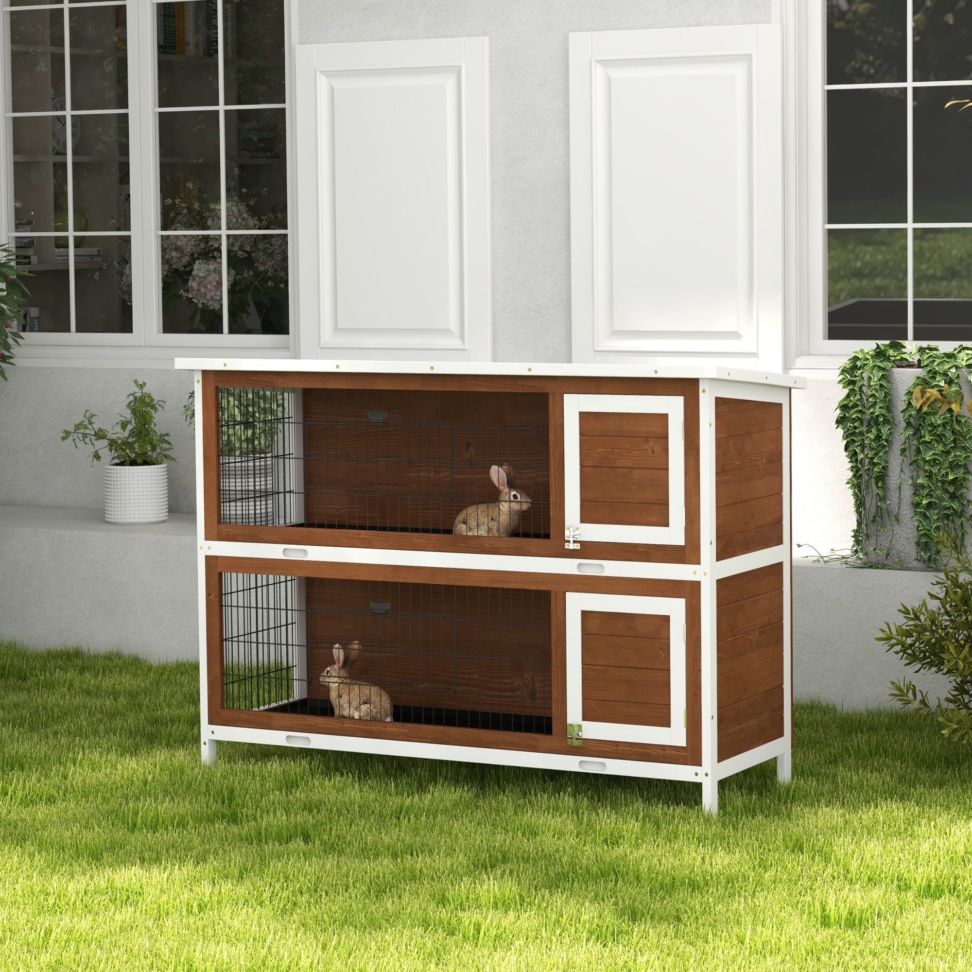PawHut 54"L 2-Story Large Rabbit Hutch Bunny Cage Wooden Pet House Small Animal Habitat with Lockable Doors, No Leak Tray and Waterproof Roof for Outdoor/Indoor Brown