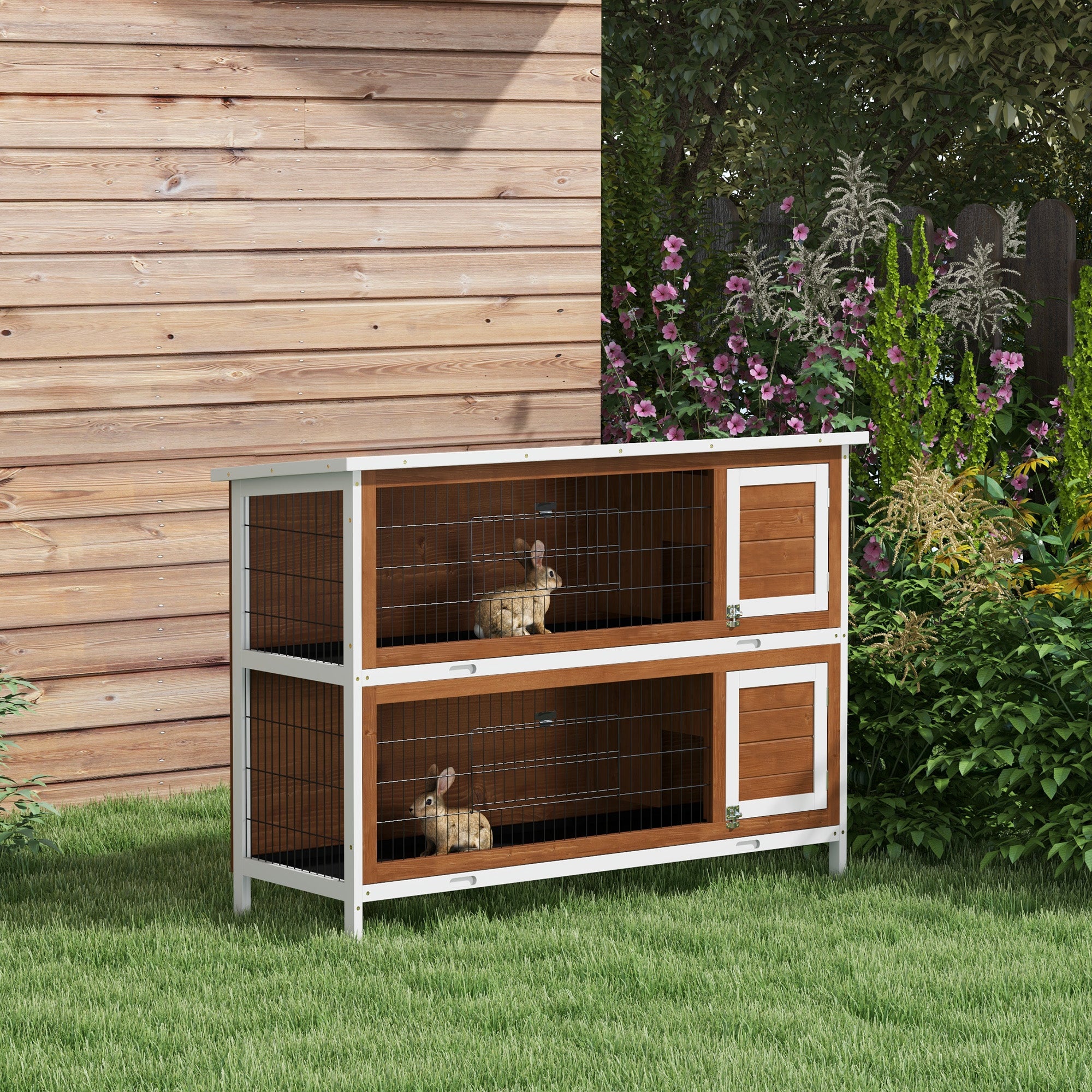 PawHut 54"L 2-Story Large Rabbit Hutch Bunny Cage Wooden Pet House Small Animal Habitat with Lockable Doors, No Leak Tray and Waterproof Roof for Outdoor/Indoor Brown