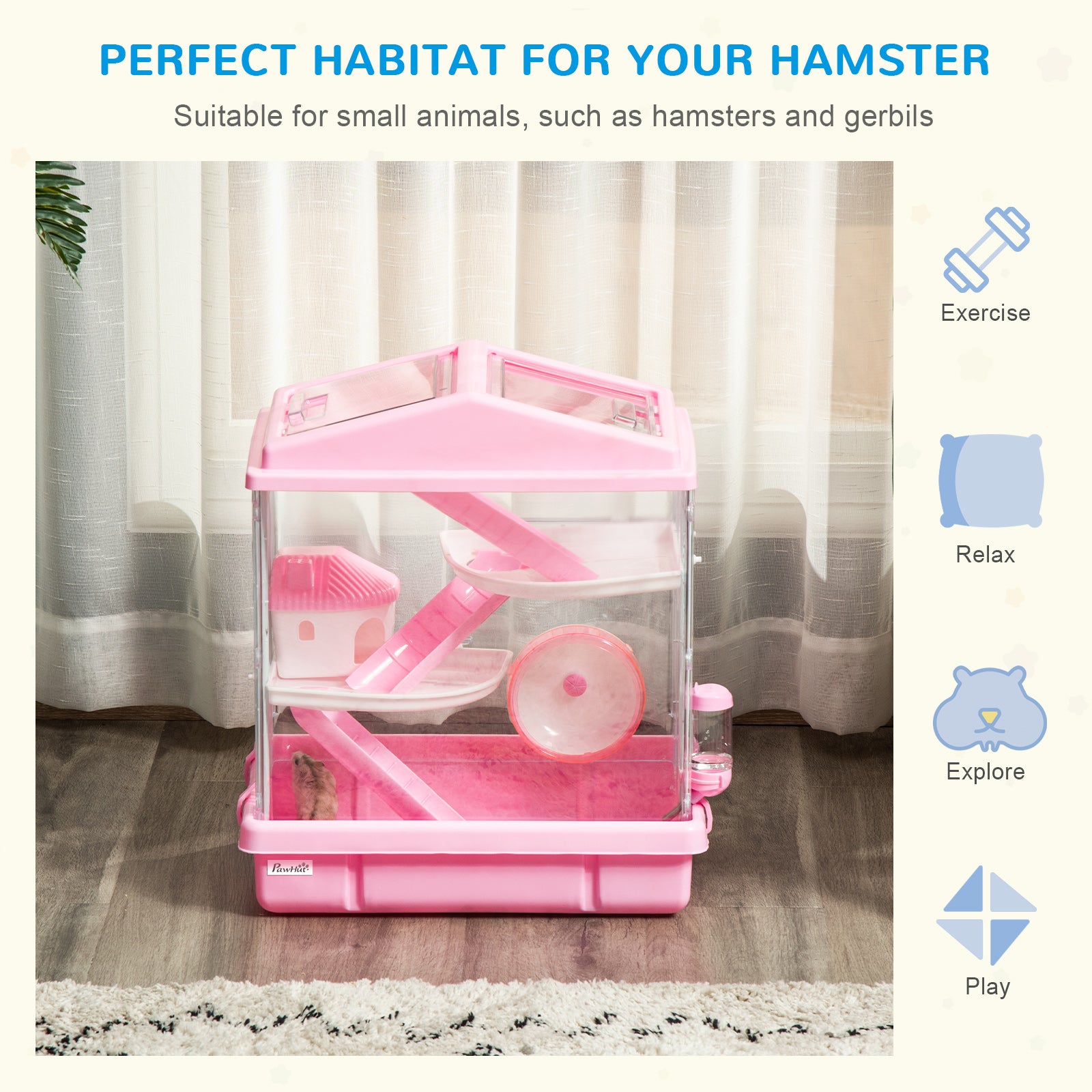 PawHut 3-Tier Hamster Cage Rodent Gerbil Habitat Rat House with Steel Wire, Exercise Wheel, Food Dish, Water Bottle, Pink
