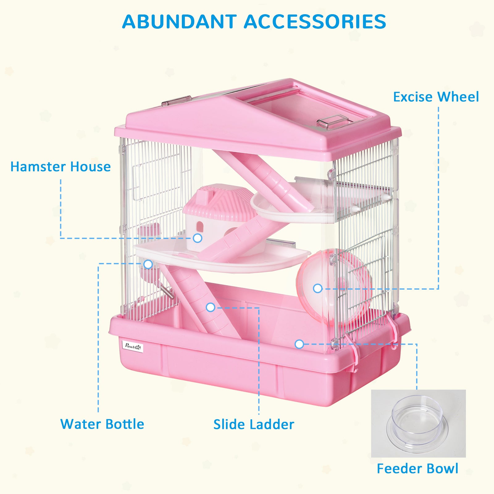 PawHut 3-Tier Hamster Cage Rodent Gerbil Habitat Rat House with Steel Wire, Exercise Wheel, Food Dish, Water Bottle, Pink