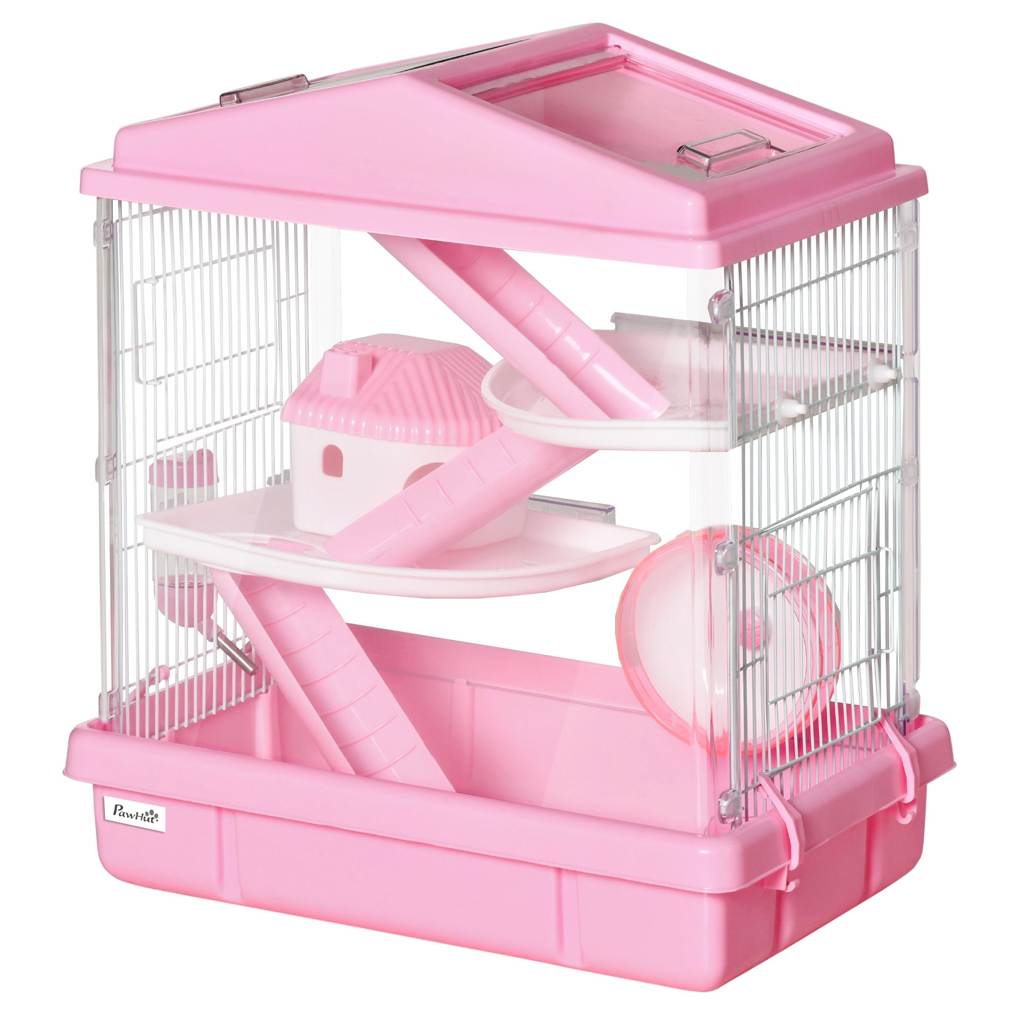 PawHut 3-Tier Hamster Cage Rodent Gerbil Habitat Rat House with Steel Wire, Exercise Wheel, Food Dish, Water Bottle, Pink