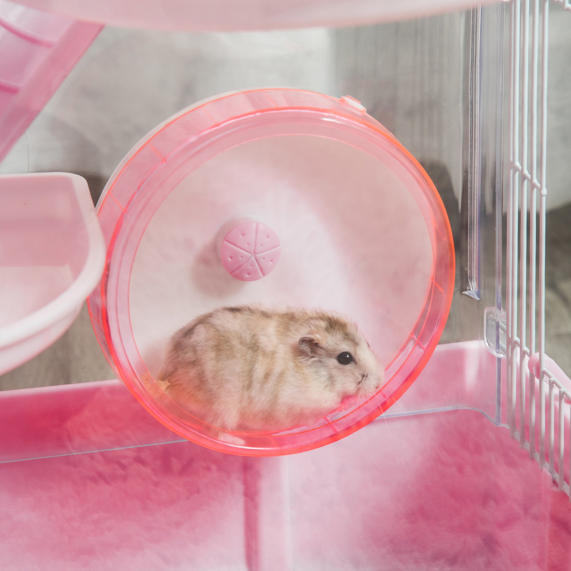 PawHut 3-Tier Hamster Cage Rodent Gerbil Habitat Rat House with Steel Wire, Exercise Wheel, Food Dish, Water Bottle, Pink