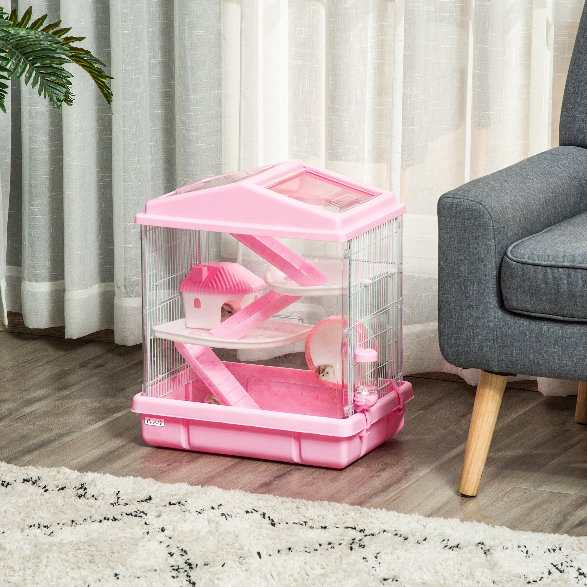 PawHut 3-Tier Hamster Cage Rodent Gerbil Habitat Rat House with Steel Wire, Exercise Wheel, Food Dish, Water Bottle, Pink