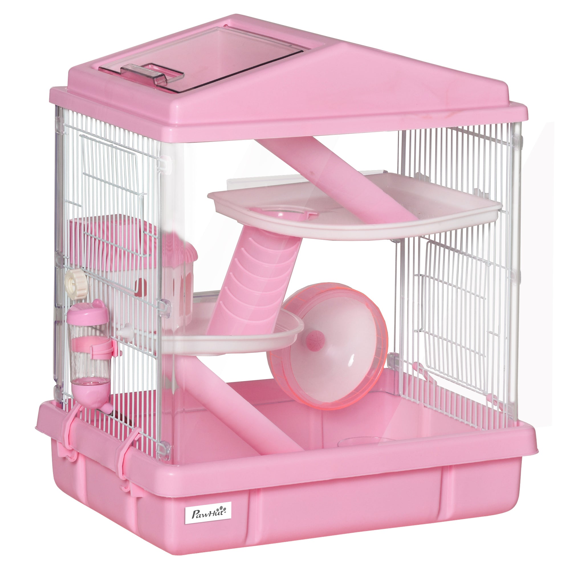 PawHut 3-Tier Hamster Cage Rodent Gerbil Habitat Rat House with Steel Wire, Exercise Wheel, Food Dish, Water Bottle, Pink
