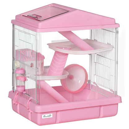 PawHut 3-Tier Hamster Cage Rodent Gerbil Habitat Rat House with Steel Wire, Exercise Wheel, Food Dish, Water Bottle, Pink