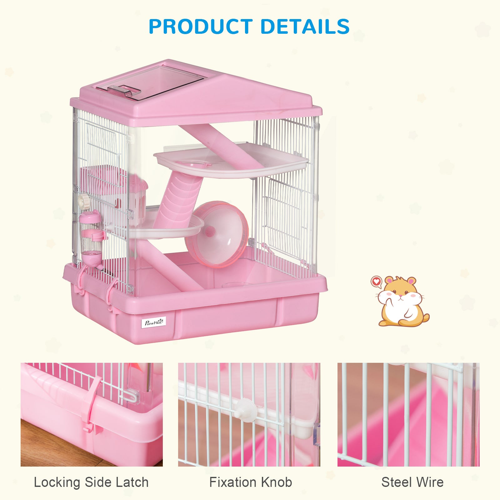 PawHut 3-Tier Hamster Cage Rodent Gerbil Habitat Rat House with Steel Wire, Exercise Wheel, Food Dish, Water Bottle, Pink