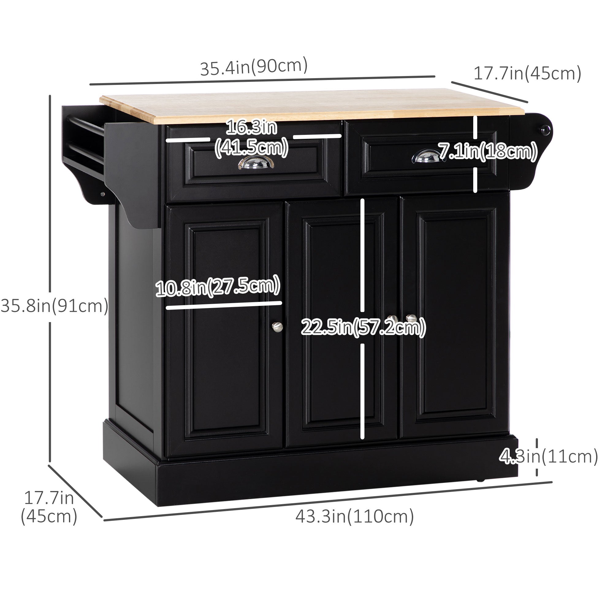 HOMCOM Kitchen Island on Wheels, Rolling Kitchen Cart with Rubber Wood Top, Towel Rack, Spice Rack, Storage Drawer and Cabinet, Black