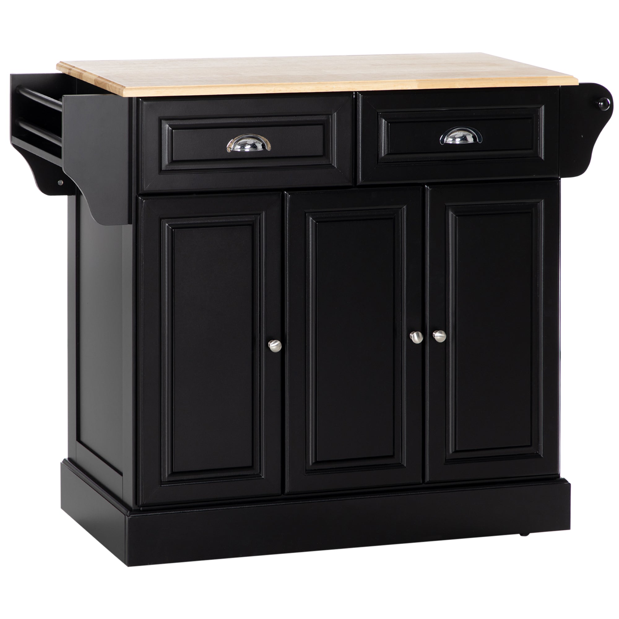 HOMCOM Kitchen Island on Wheels, Rolling Kitchen Cart with Rubber Wood Top, Towel Rack, Spice Rack, Storage Drawer and Cabinet, Black