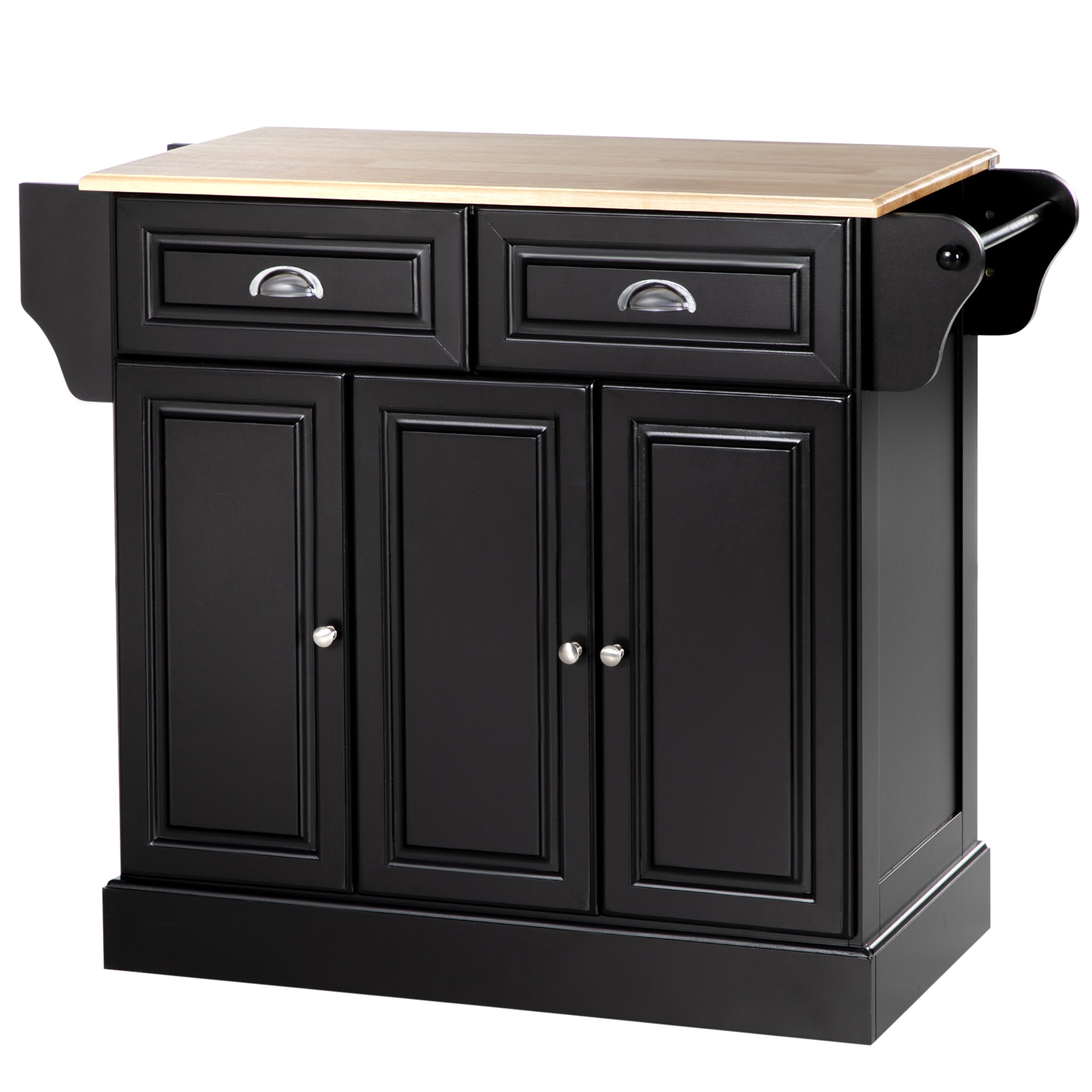 HOMCOM Kitchen Island on Wheels, Rolling Kitchen Cart with Rubber Wood Top, Towel Rack, Spice Rack, Storage Drawer and Cabinet, Black