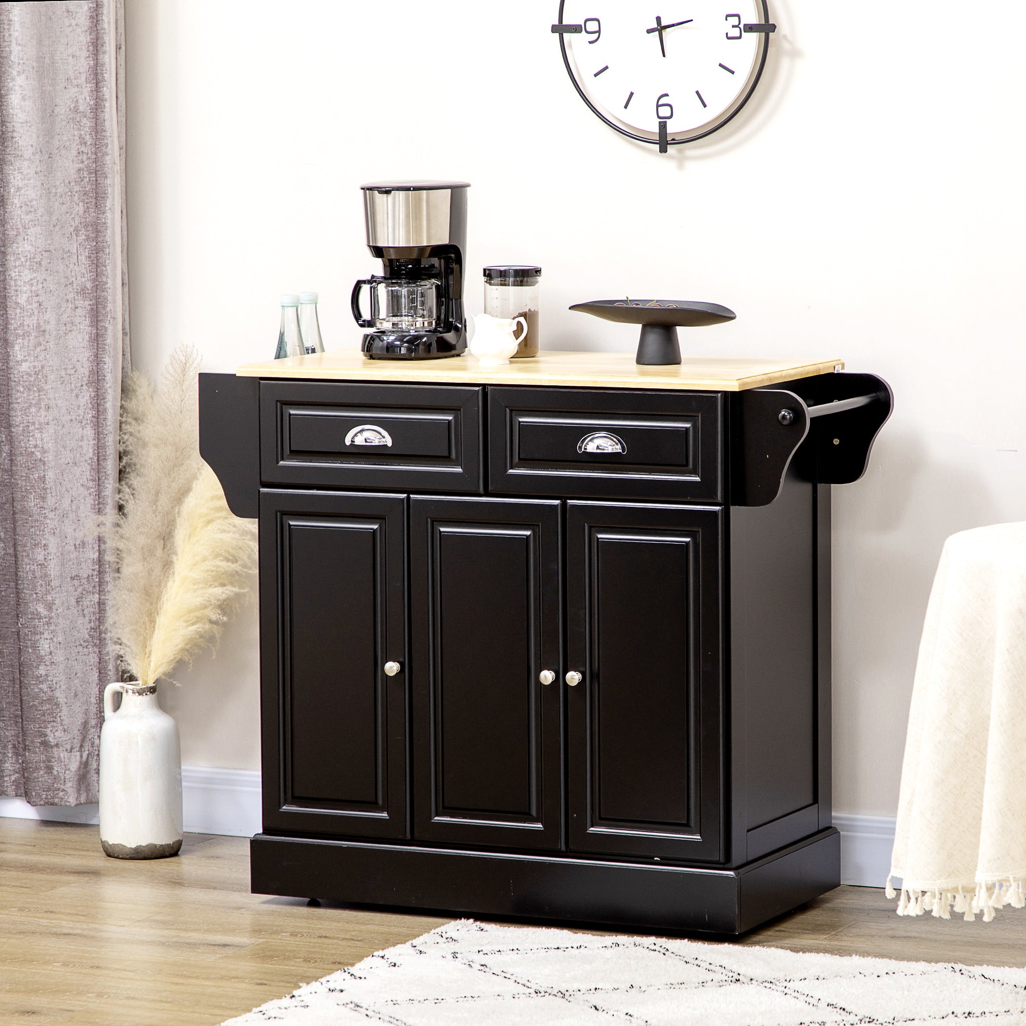 HOMCOM Kitchen Island on Wheels, Rolling Kitchen Cart with Rubber Wood Top, Towel Rack, Spice Rack, Storage Drawer and Cabinet, Black
