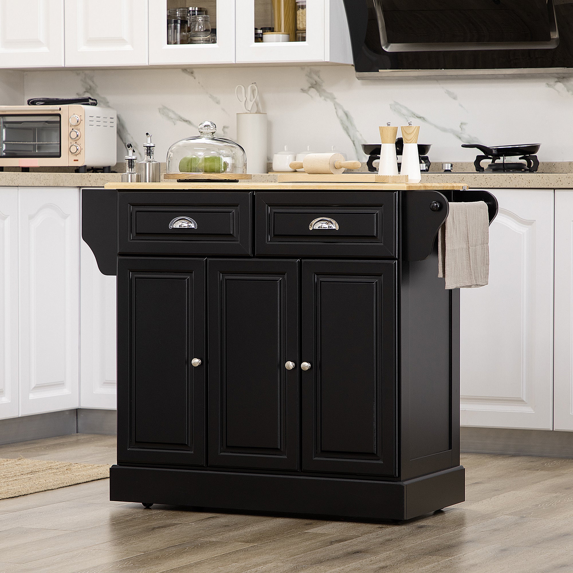 HOMCOM Kitchen Island on Wheels, Rolling Kitchen Cart with Rubber Wood Top, Towel Rack, Spice Rack, Storage Drawer and Cabinet, Black