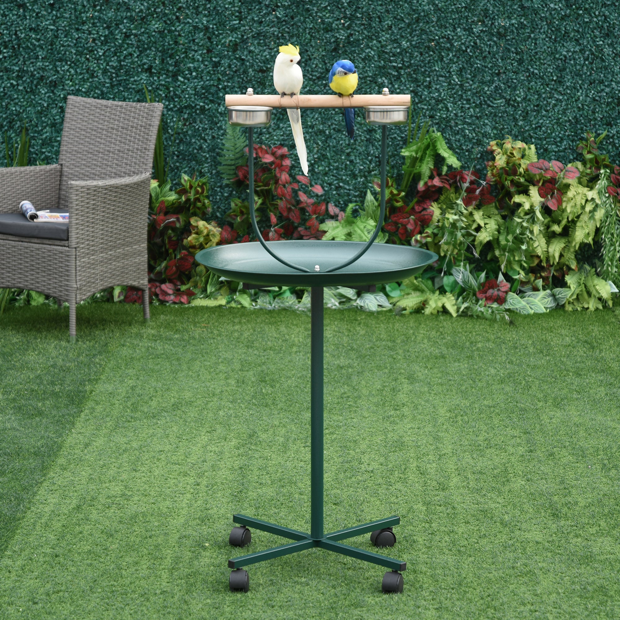 PawHut Bird Perch Stand, T-Stand Bird Training with Perch, Four Wheels, Feeding Bowls, Parrot Stand for Small & Medium Birds, Green