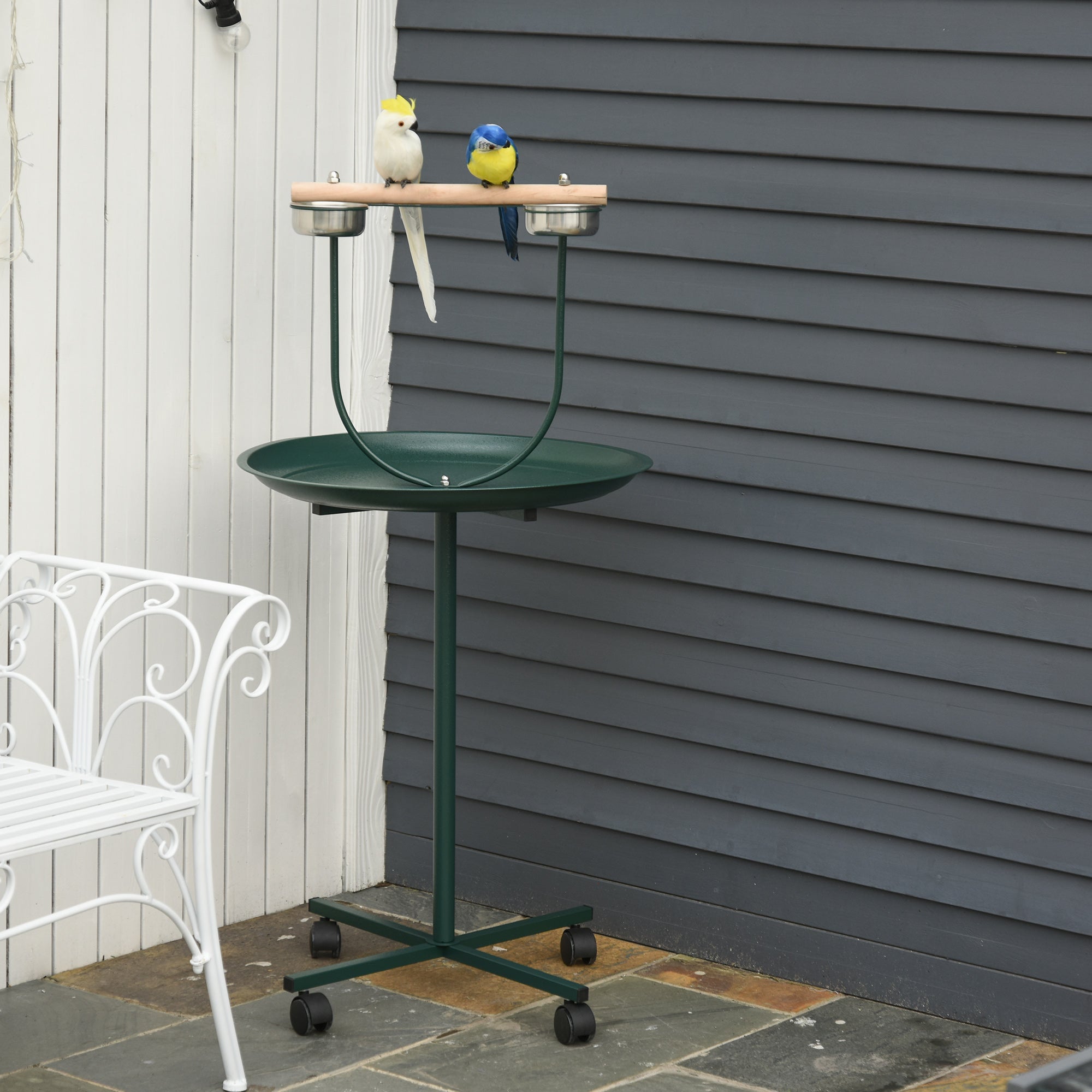 PawHut Bird Perch Stand, T-Stand Bird Training with Perch, Four Wheels, Feeding Bowls, Parrot Stand for Small & Medium Birds, Green
