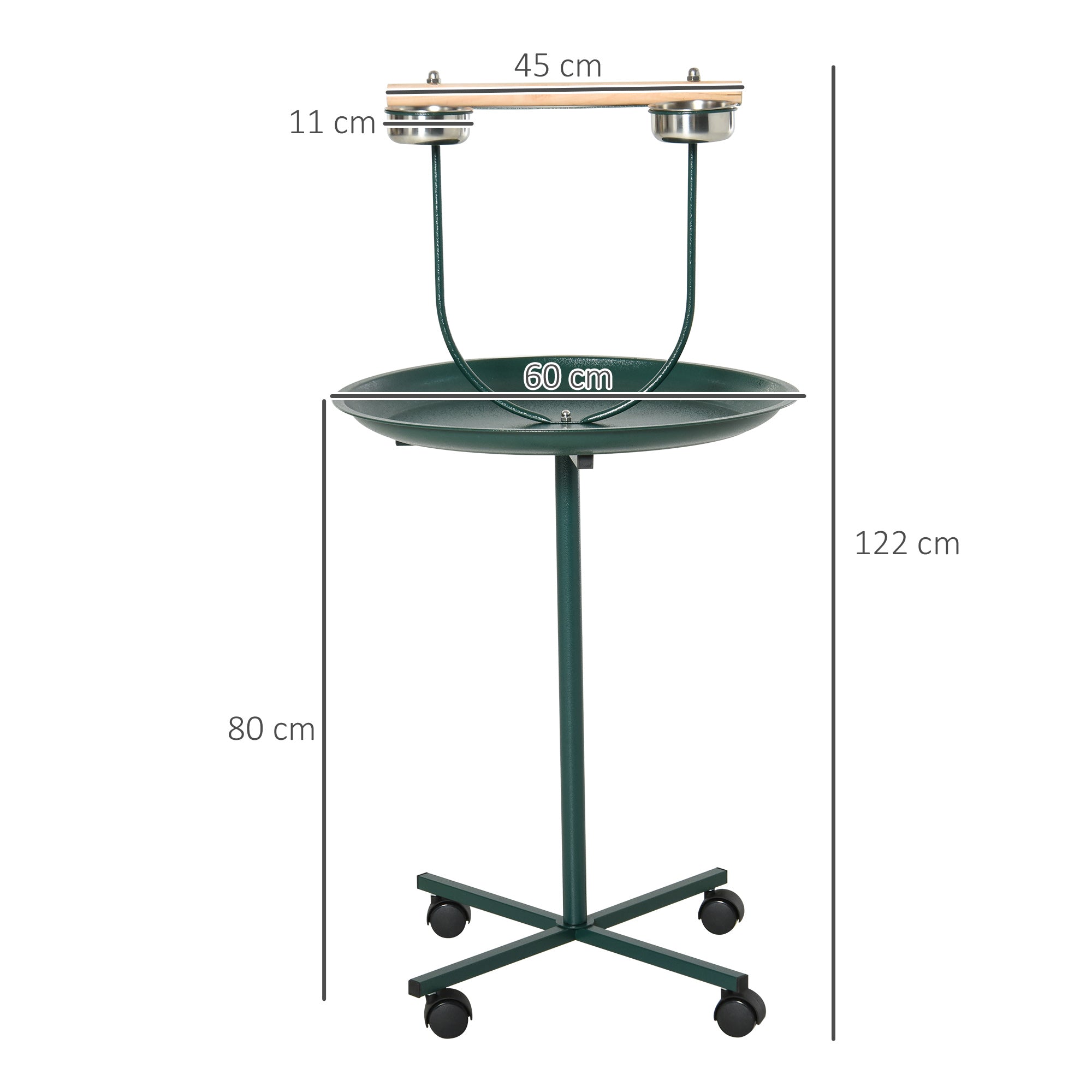 PawHut Bird Perch Stand, T-Stand Bird Training with Perch, Four Wheels, Feeding Bowls, Parrot Stand for Small & Medium Birds, Green