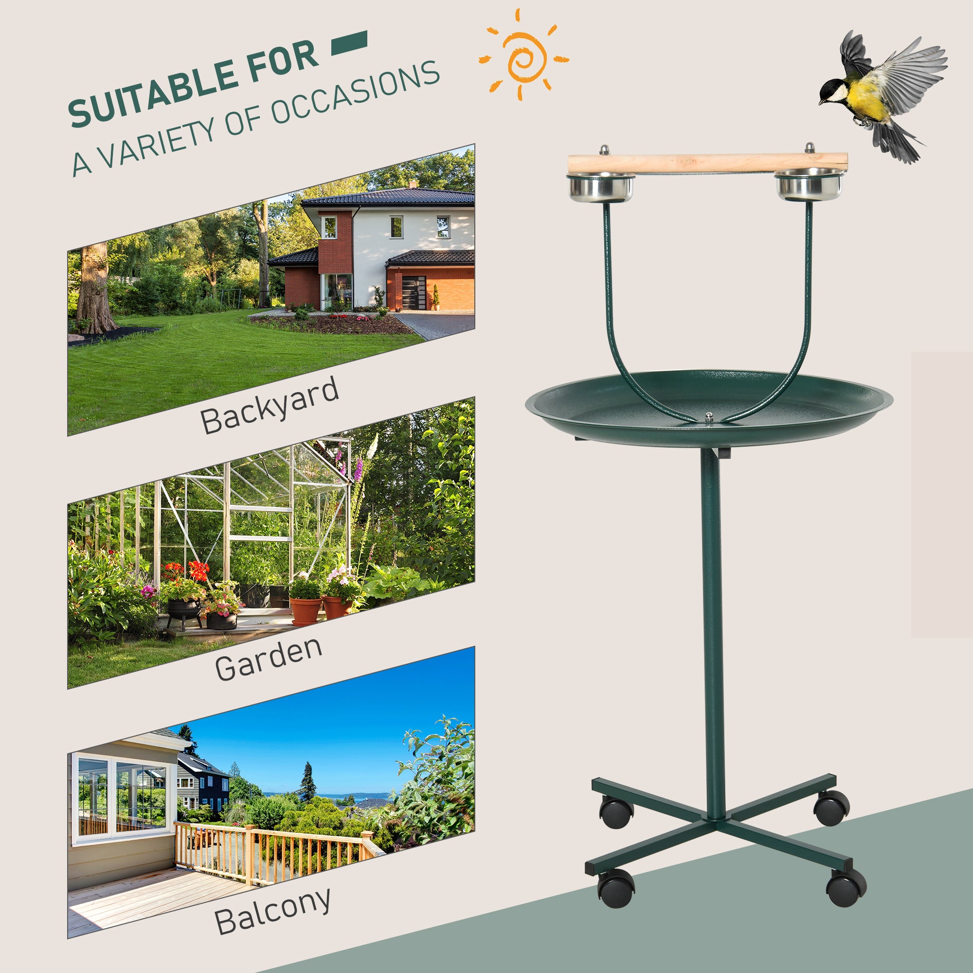 PawHut Bird Perch Stand, T-Stand Bird Training with Perch, Four Wheels, Feeding Bowls, Parrot Stand for Small & Medium Birds, Green