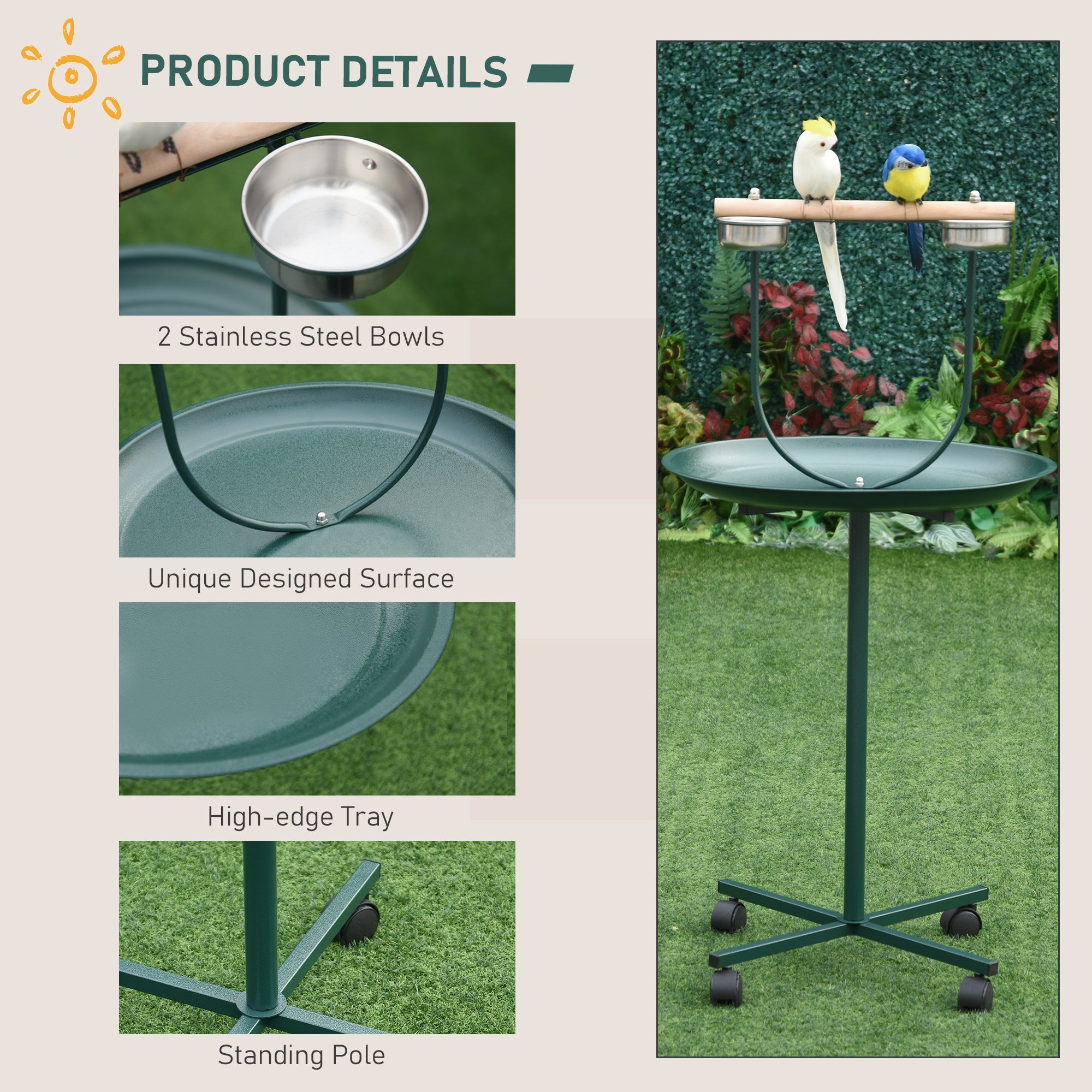PawHut Bird Perch Stand, T-Stand Bird Training with Perch, Four Wheels, Feeding Bowls, Parrot Stand for Small & Medium Birds, Green