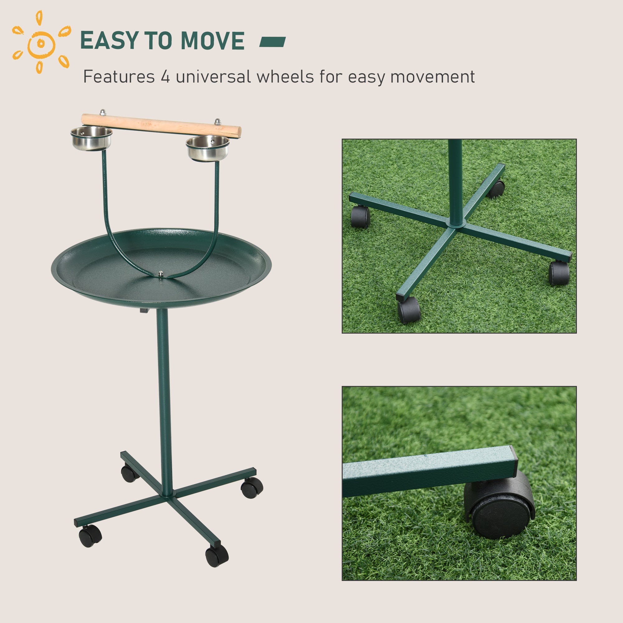 PawHut Bird Perch Stand, T-Stand Bird Training with Perch, Four Wheels, Feeding Bowls, Parrot Stand for Small & Medium Birds, Green