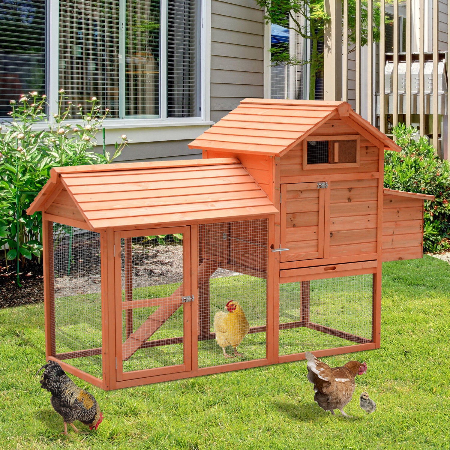 PawHut 82" Deluxe Chicken Coop Wooden Hen House Rabbit Hutch Poultry Cage Pen Backyard with Run and Nesting Box