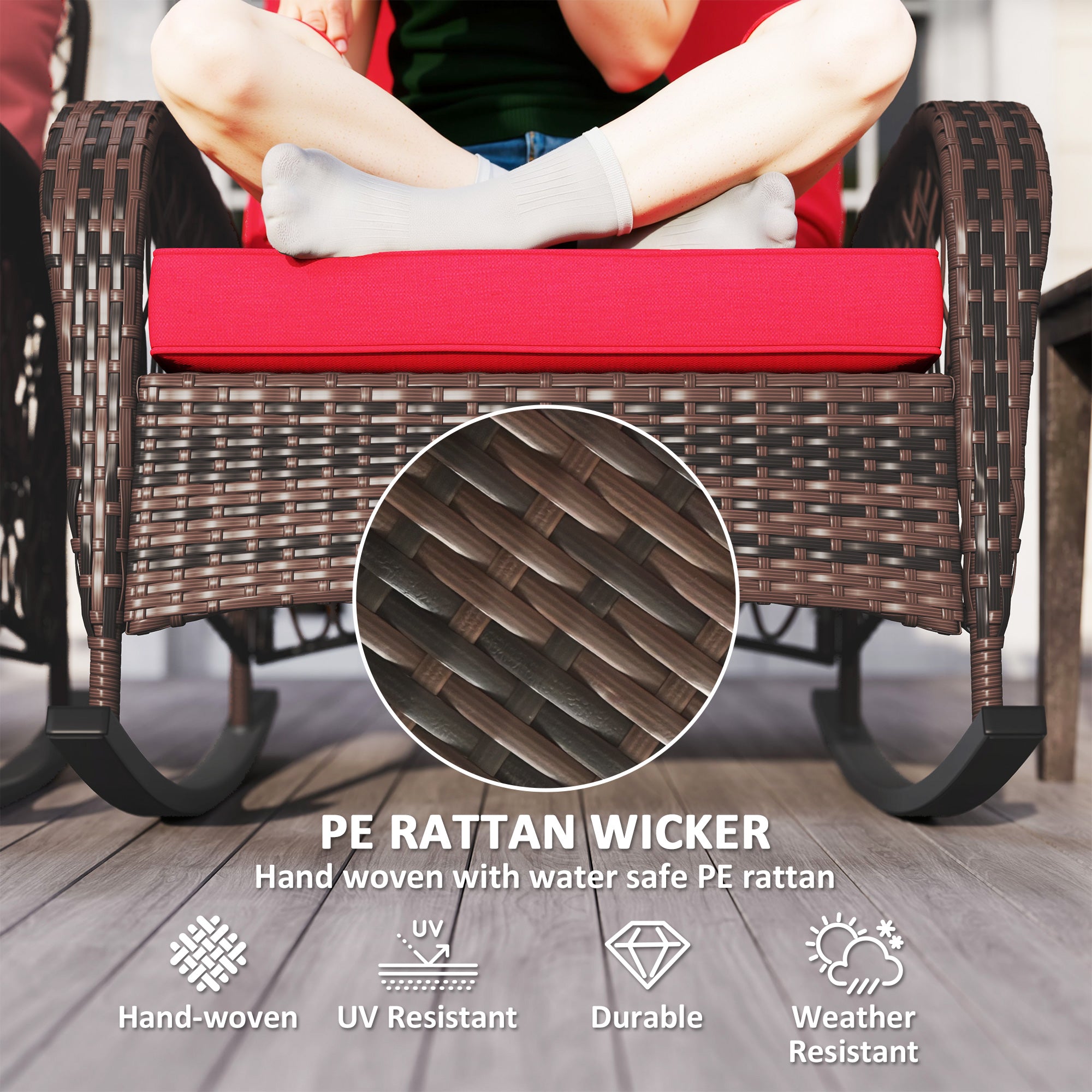 Outsunny Rattan Rocking Chair Set of 2, Outdoor Wicker Patio Rocker Chair Furniture with Thick Cushions, for Garden Backyard Porch, Red