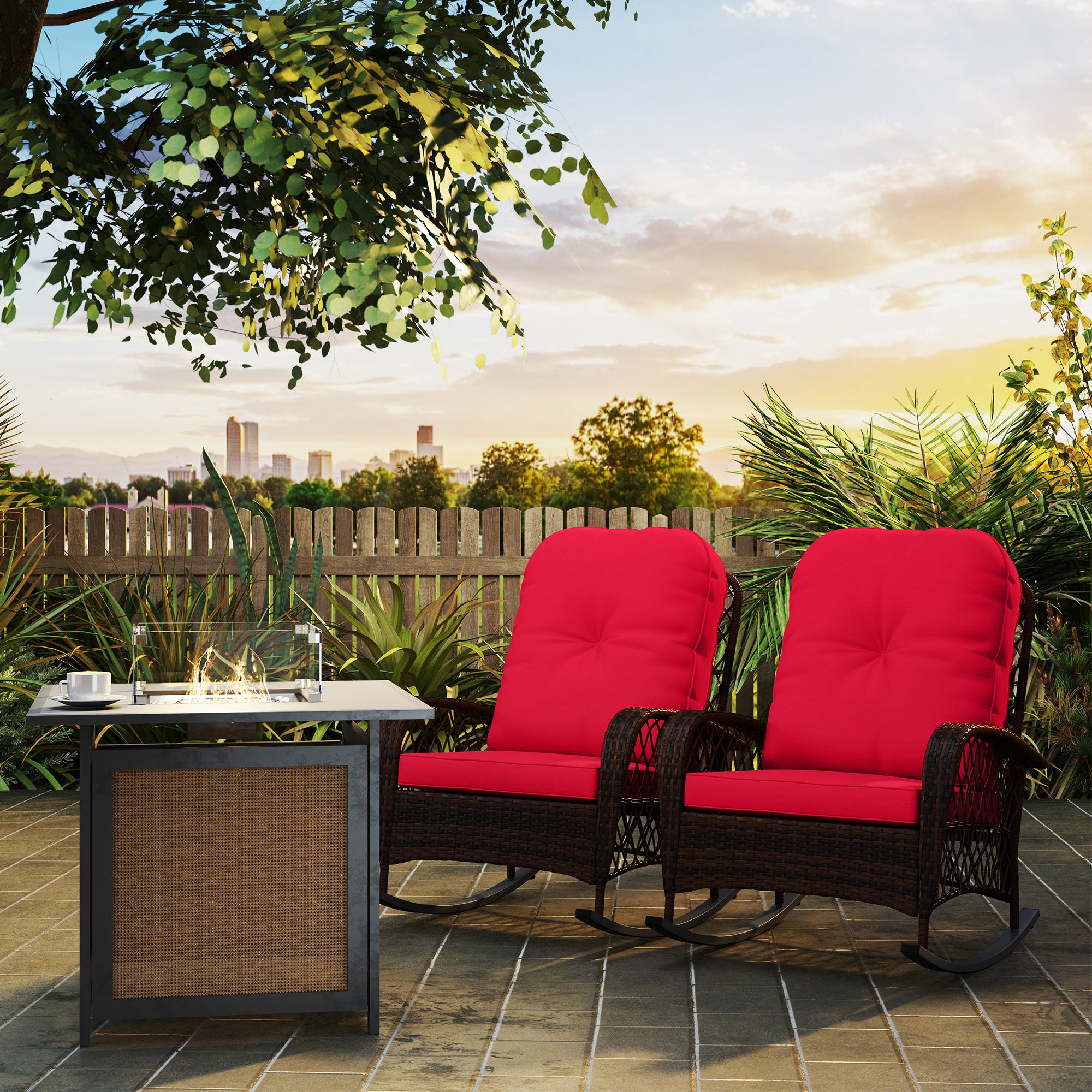 Outsunny Rattan Rocking Chair Set of 2, Outdoor Wicker Patio Rocker Chair Furniture with Thick Cushions, for Garden Backyard Porch, Red