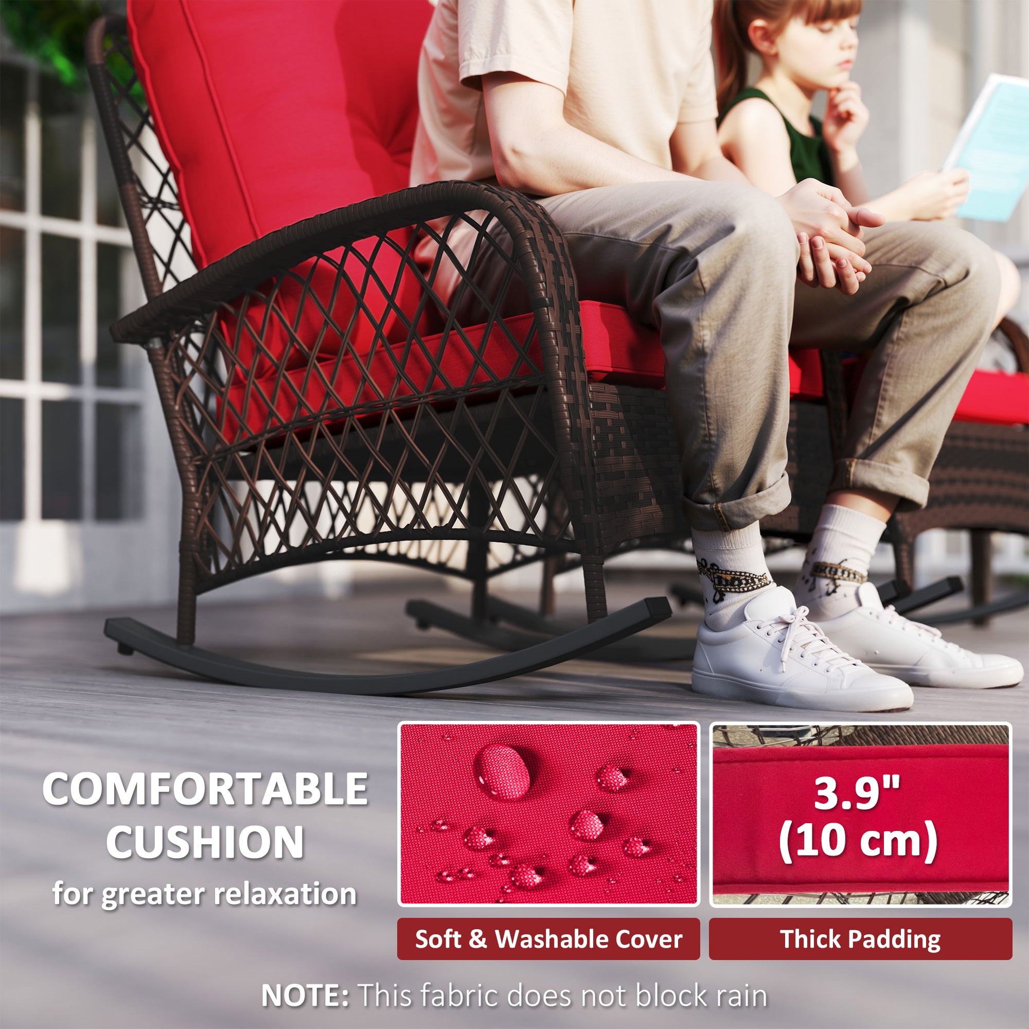 Outsunny Rattan Rocking Chair Set of 2, Outdoor Wicker Patio Rocker Chair Furniture with Thick Cushions, for Garden Backyard Porch, Red