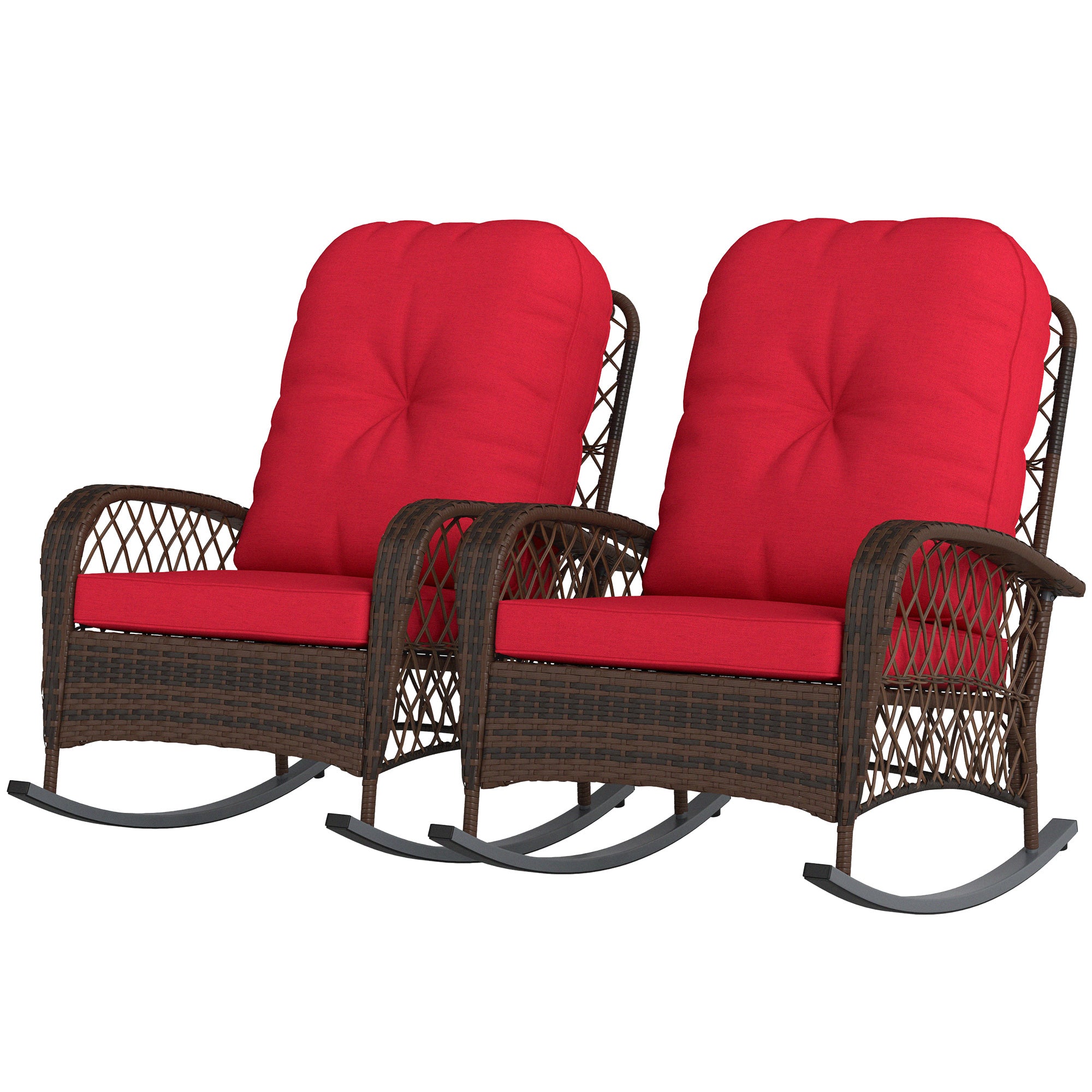 Outsunny Rattan Rocking Chair Set of 2, Outdoor Wicker Patio Rocker Chair Furniture with Thick Cushions, for Garden Backyard Porch, Red