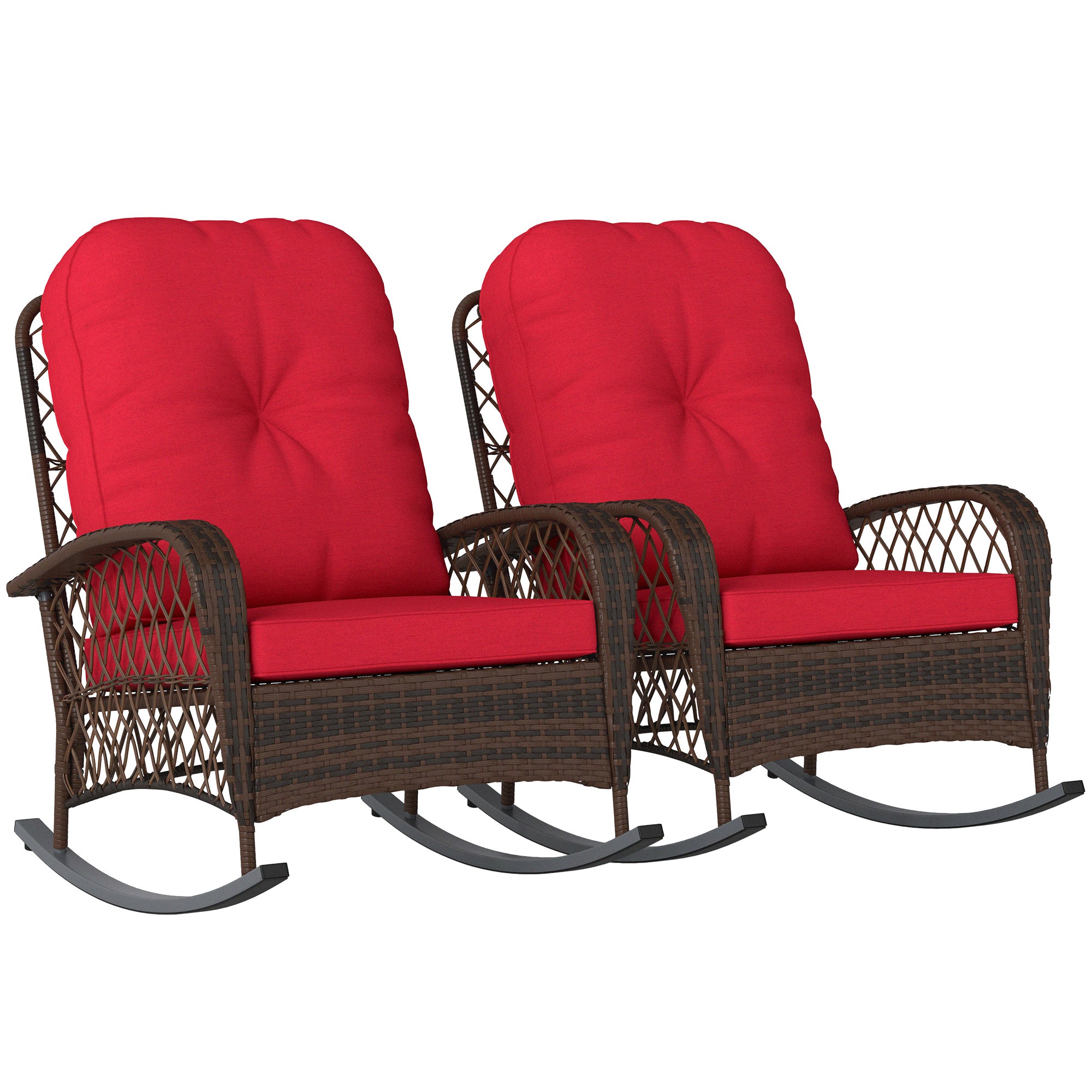 Outsunny Rattan Rocking Chair Set of 2, Outdoor Wicker Patio Rocker Chair Furniture with Thick Cushions, for Garden Backyard Porch, Red