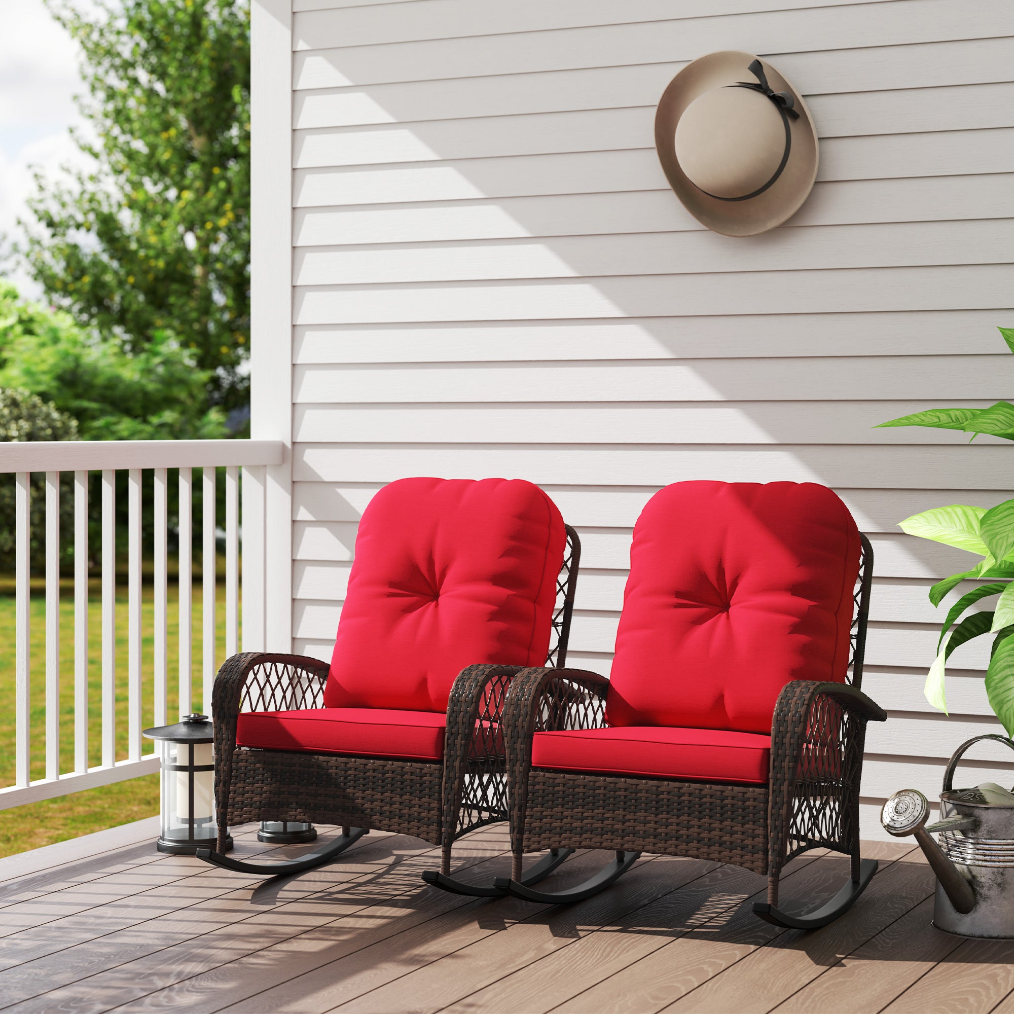 Outsunny Rattan Rocking Chair Set of 2, Outdoor Wicker Patio Rocker Chair Furniture with Thick Cushions, for Garden Backyard Porch, Red