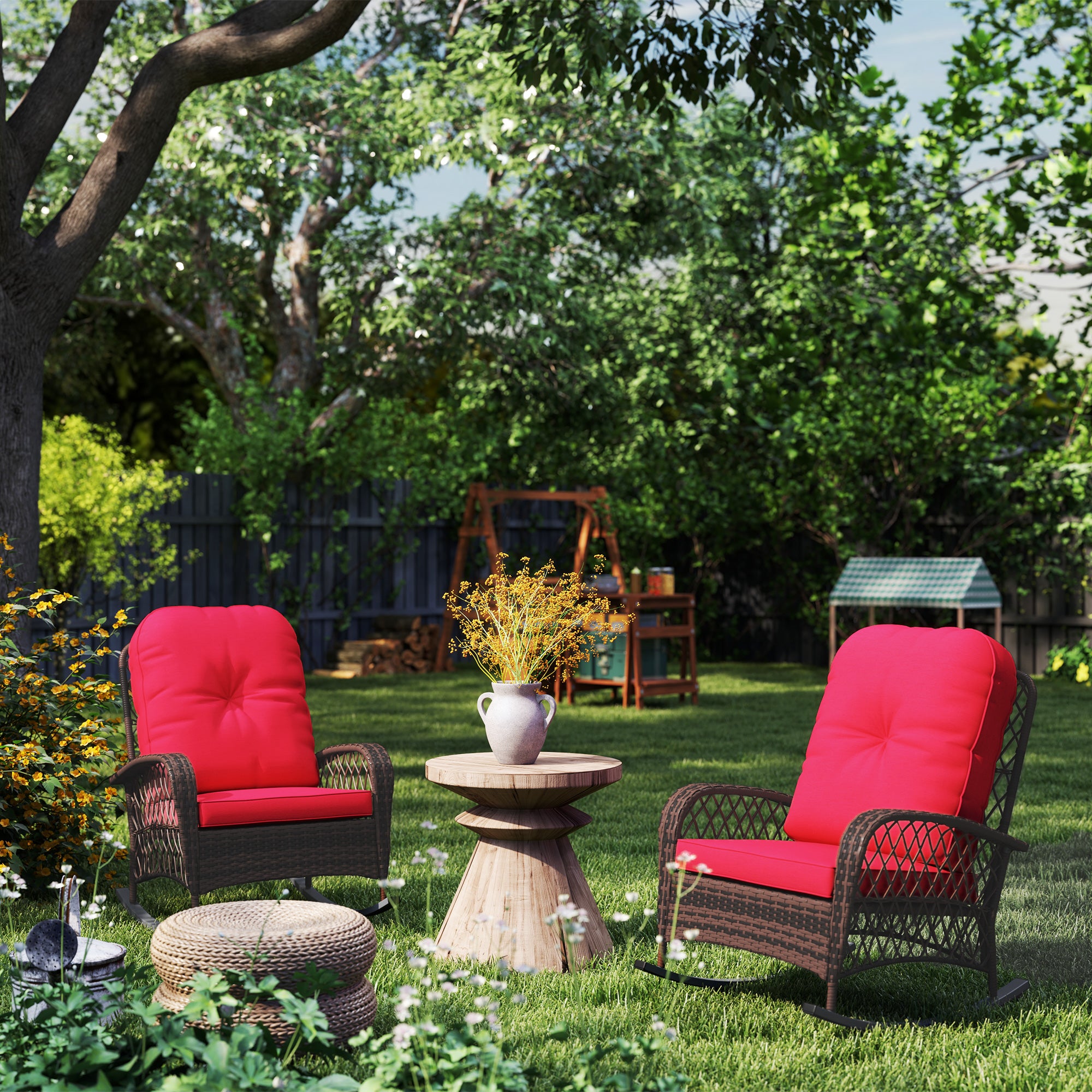Outsunny Rattan Rocking Chair Set of 2, Outdoor Wicker Patio Rocker Chair Furniture with Thick Cushions, for Garden Backyard Porch, Red