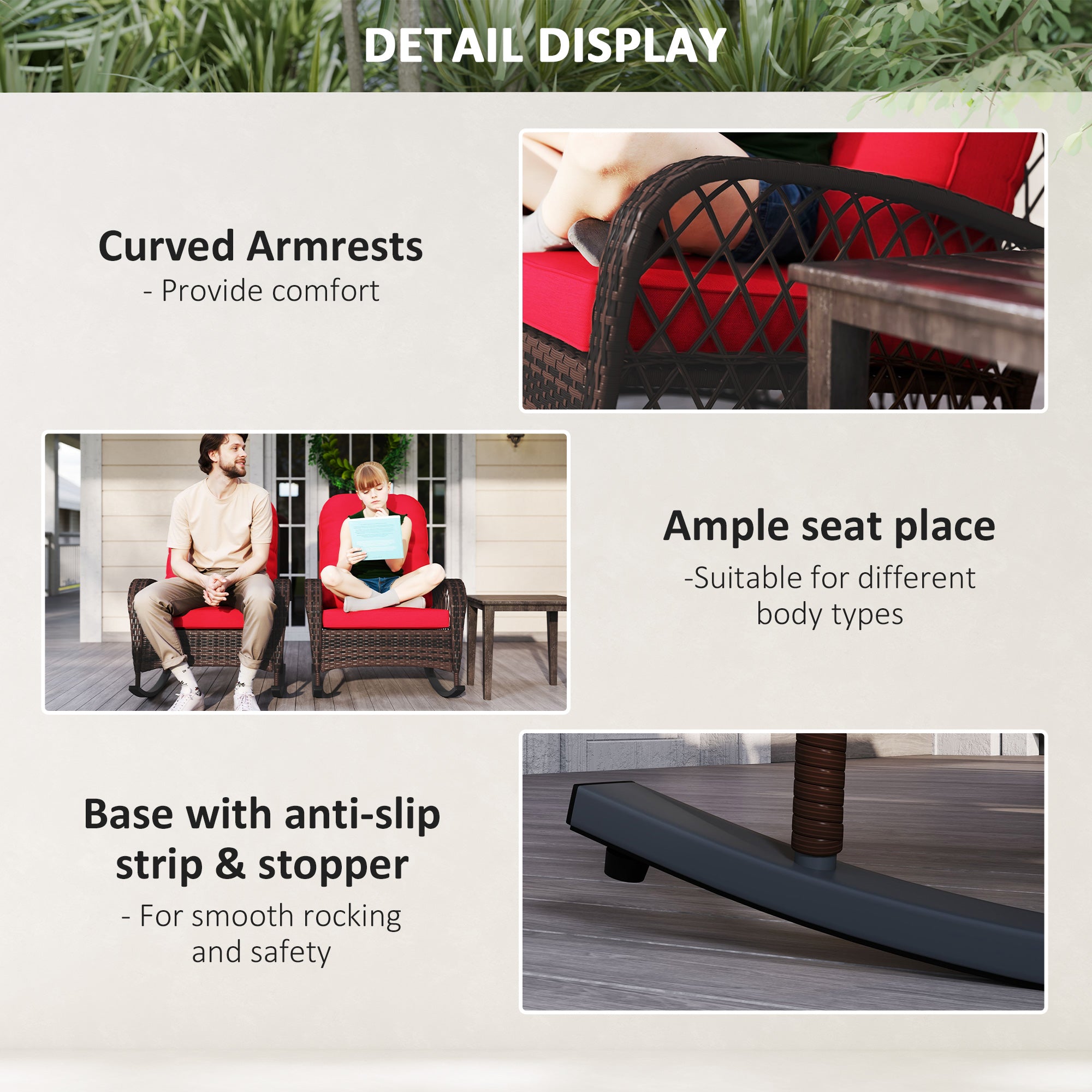 Outsunny Rattan Rocking Chair Set of 2, Outdoor Wicker Patio Rocker Chair Furniture with Thick Cushions, for Garden Backyard Porch, Red