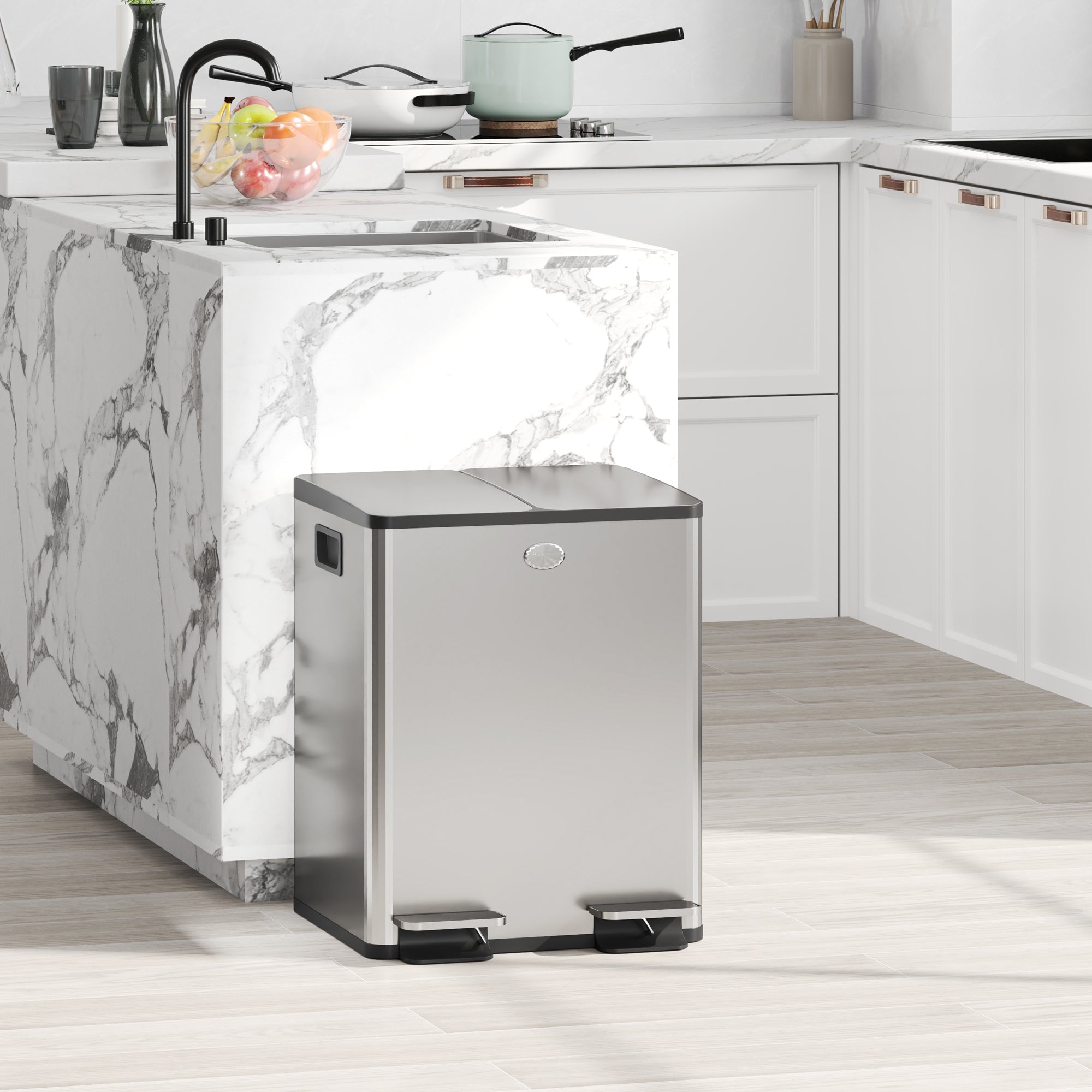 HOMCOM Dual Kitchen Garbage Bin, 2 x 5 Gallon (2 x 20 L) Trash Can with Foot Pedal, Soft-Close Garbage Can with Removable Inner Buckets, Fingerprint-Proof for Kitchen, Silver